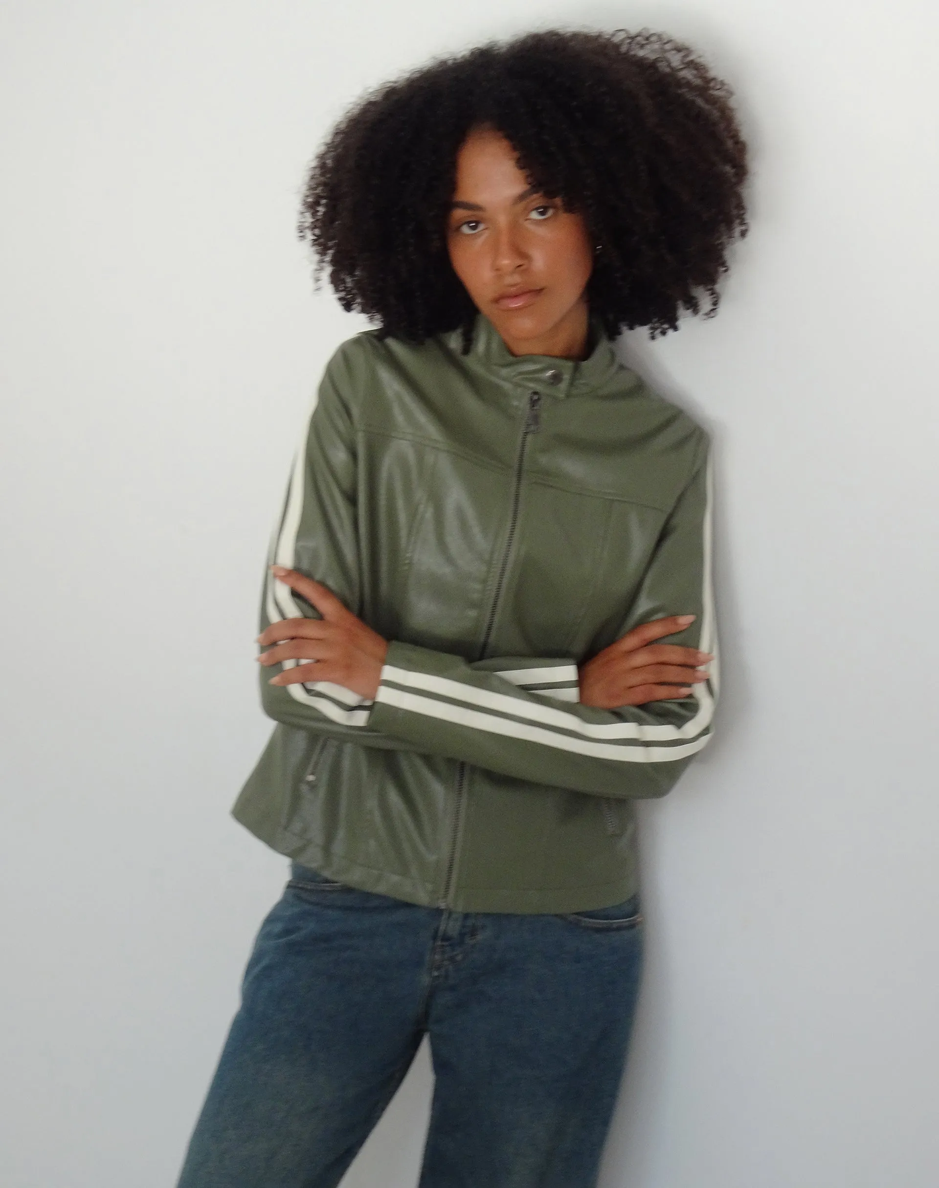 Jacquie Zip Up Biker Jacket in PU Green with Ivory Stripe