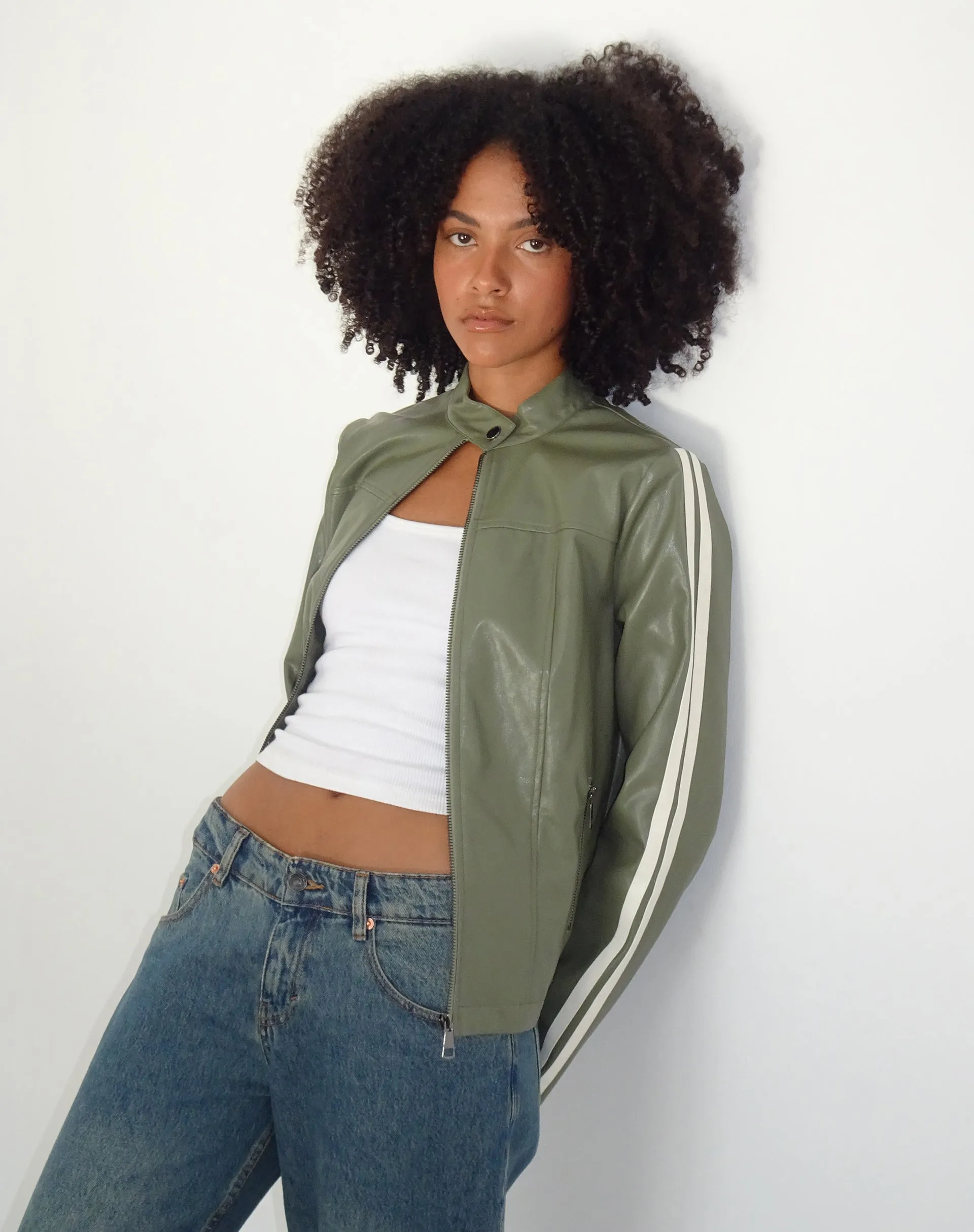 Jacquie Zip Up Biker Jacket in PU Green with Ivory Stripe