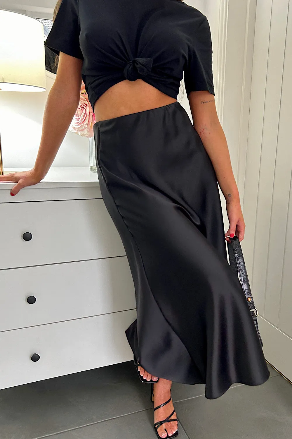 Jada Black Satin Maxi Skirt