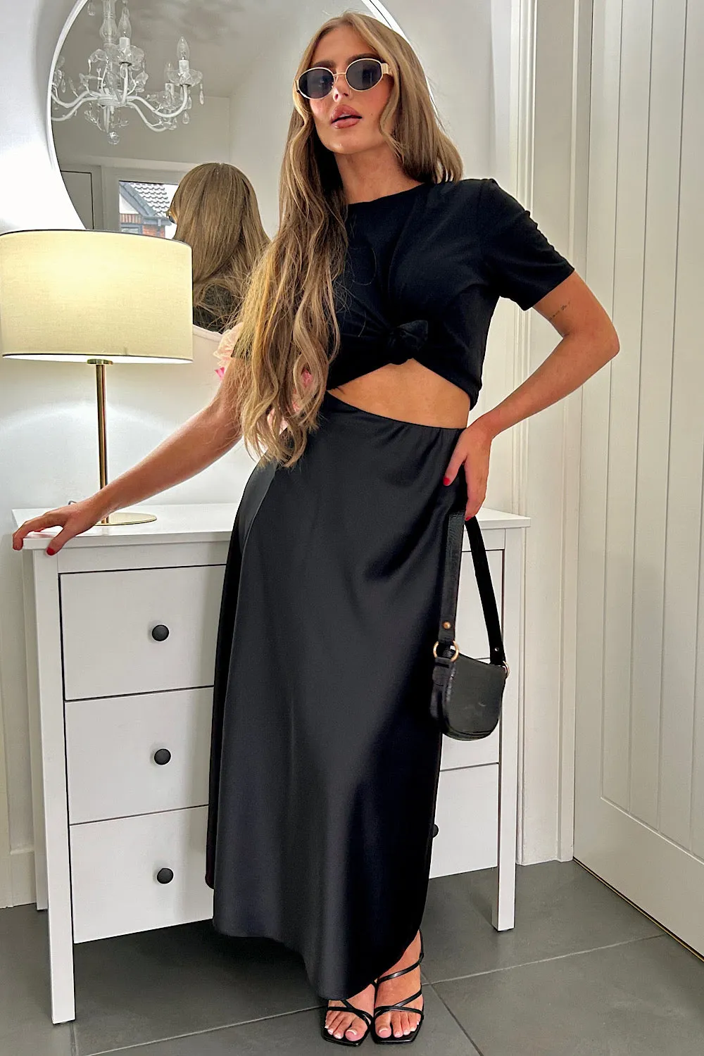 Jada Black Satin Maxi Skirt