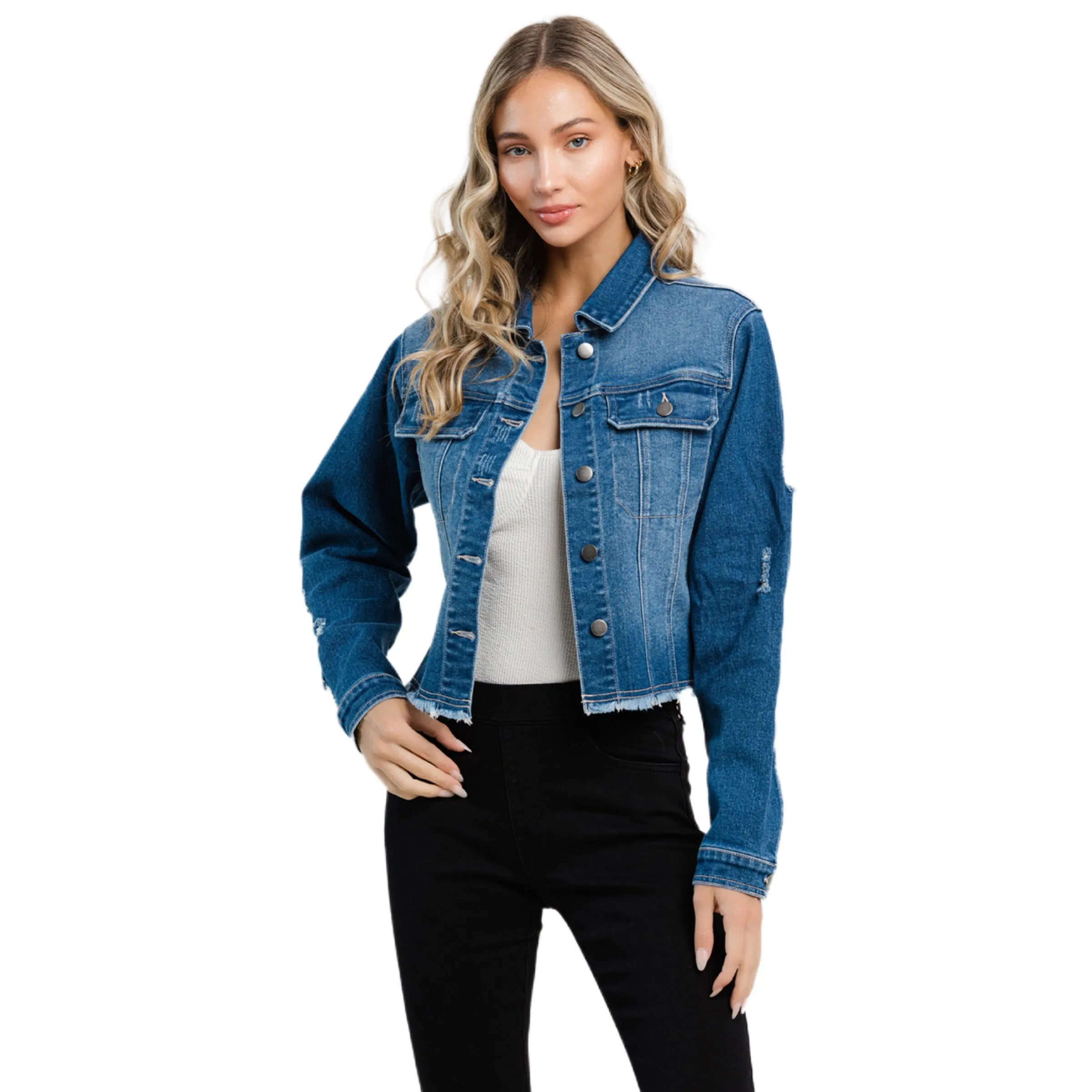 Jelly Jeans Womens Frayed Crop Denim Jacket in Blue Wash Size S, M, L, XL