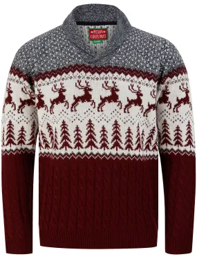 Jumping Deer Shawl Neck Jacquard Knit Jumper in Claret - Merry Christmas