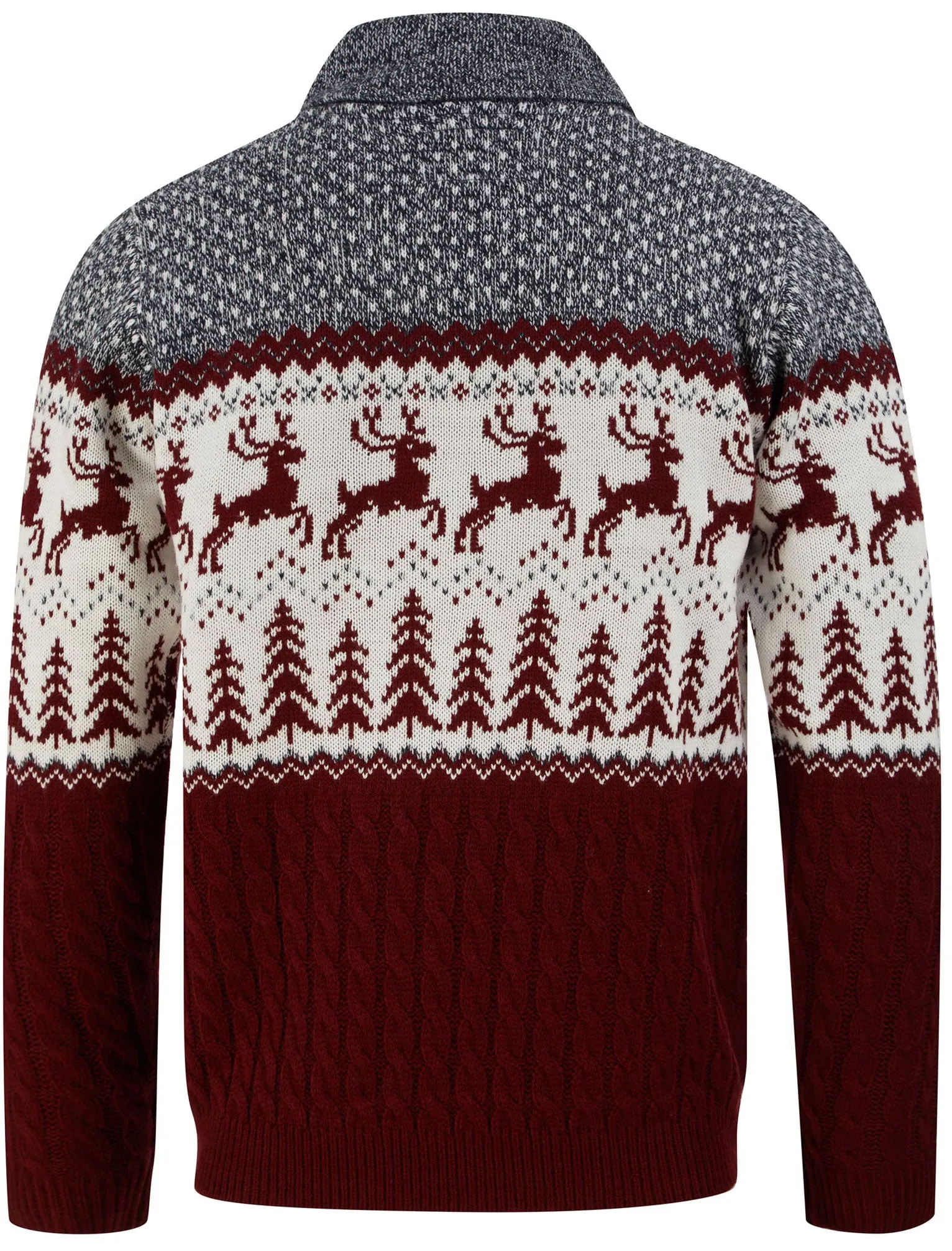 Jumping Deer Shawl Neck Jacquard Knit Jumper in Claret - Merry Christmas