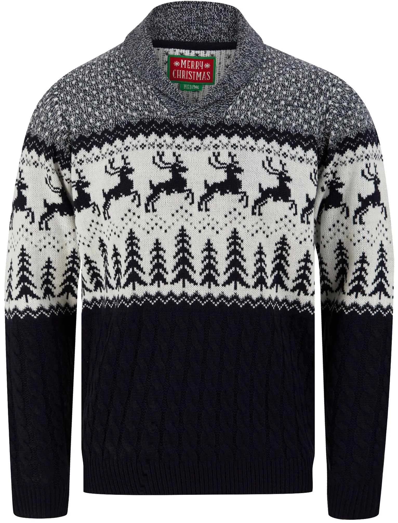 Jumping Deer Shawl Neck Jacquard Knit Jumper in Ink - Merry Christmas