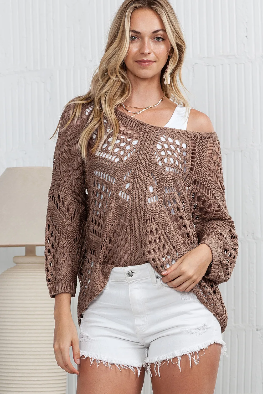 Khaki Hollowed Knit V Neck Dolman Sleeve Sweater