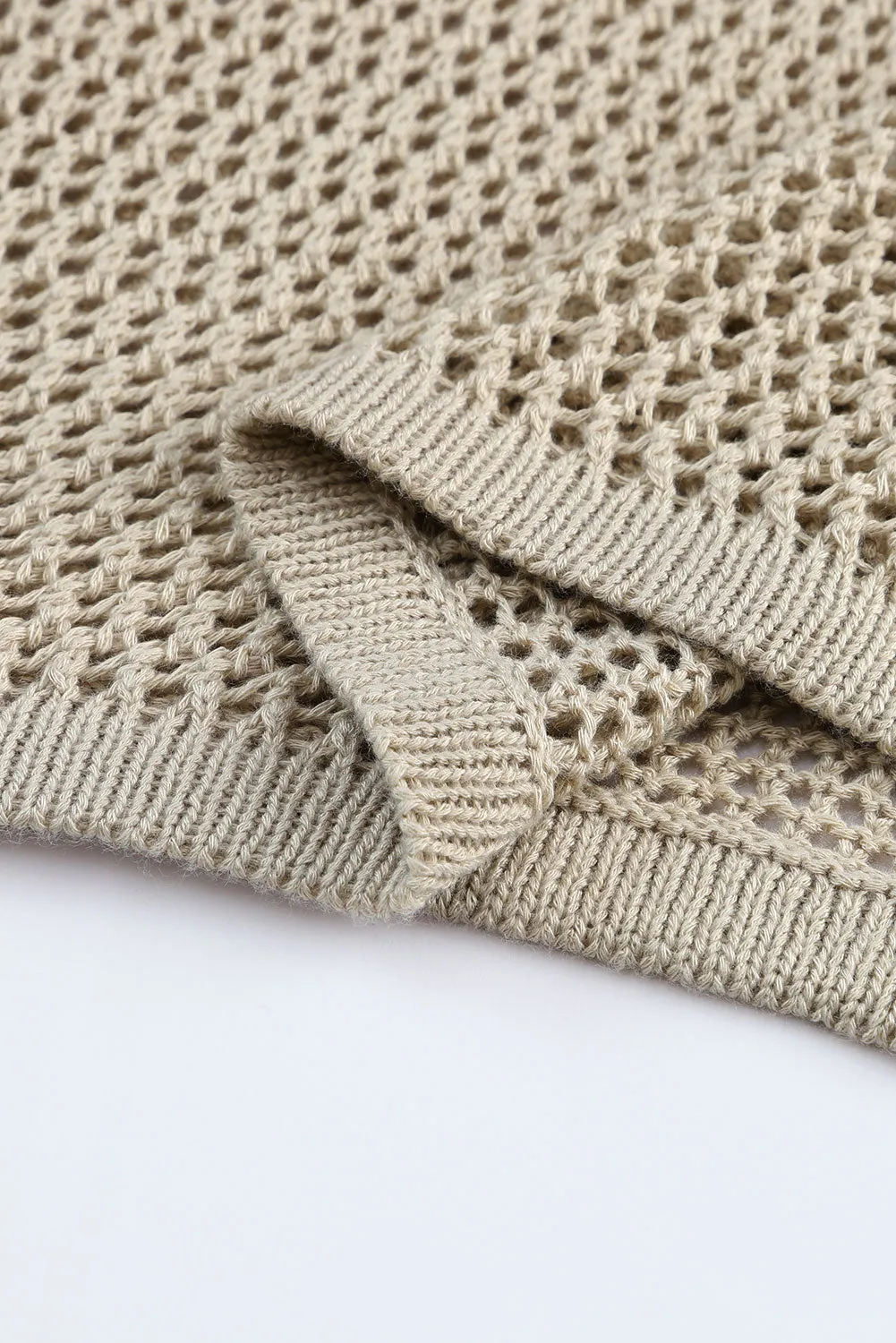 Khaki Solid Hollow-out Knit Long Sleeve Top