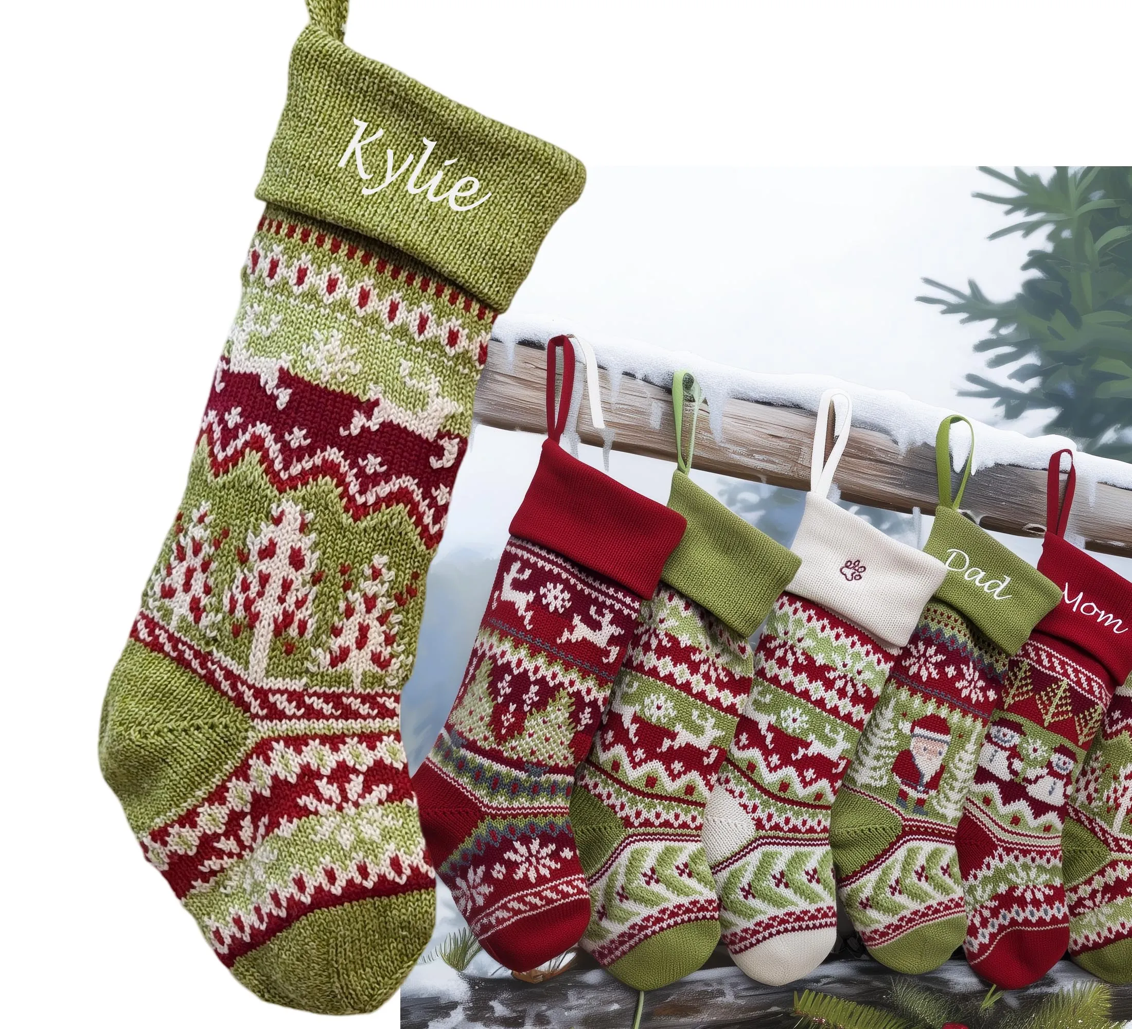 Knit Christmas Stockings Personalized 23" Fair Isle Knitted Deer, Snowflake, Santa, Snowman Custom Holiday Intarsia Family Names