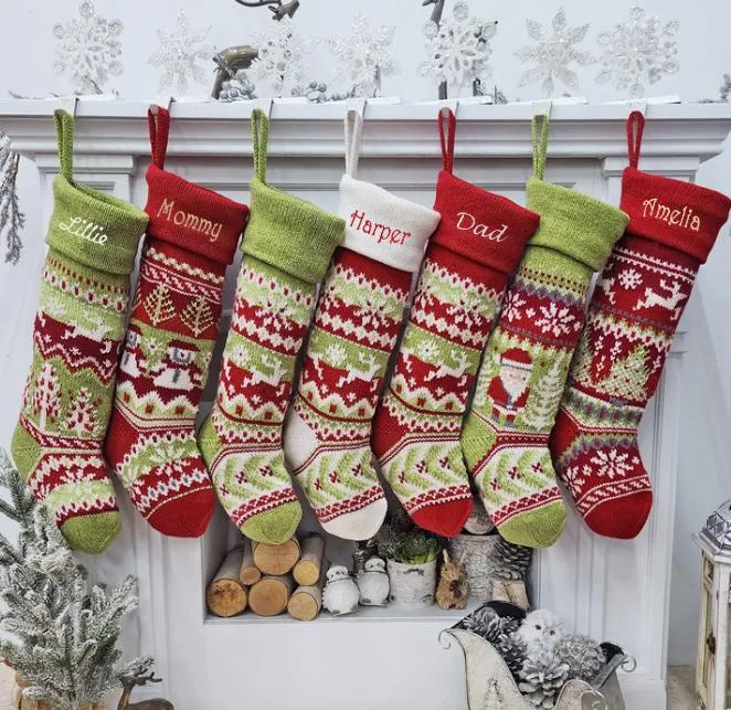 Knit Christmas Stockings Personalized 23" Fair Isle Knitted Deer, Snowflake, Santa, Snowman Custom Holiday Intarsia Family Names