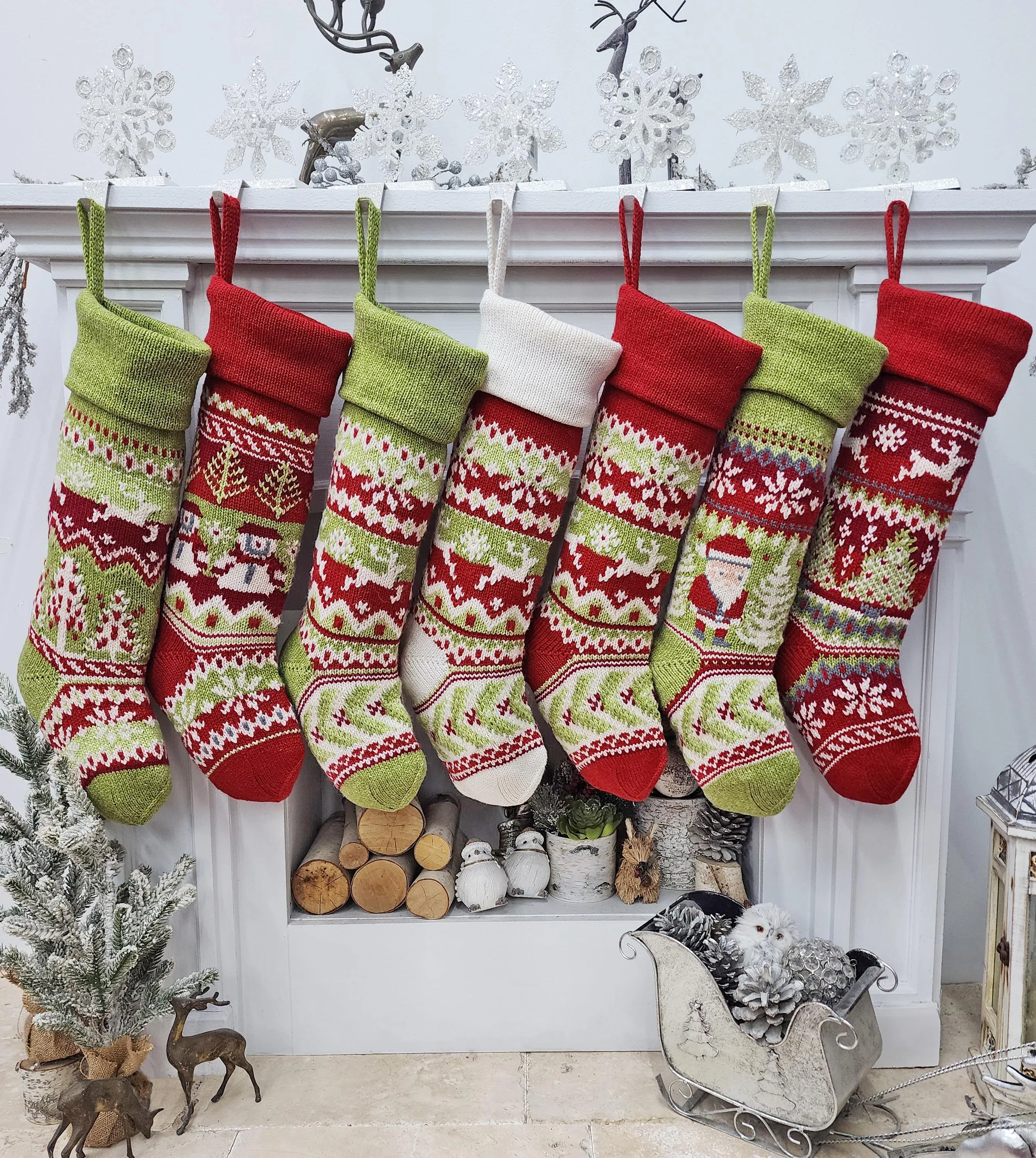 Knit Christmas Stockings Personalized 23" Fair Isle Knitted Deer, Snowflake, Santa, Snowman Custom Holiday Intarsia Family Names