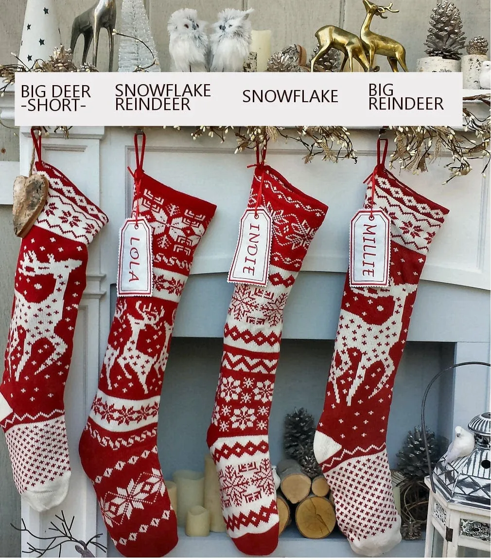 Knit Christmas Stockings - Red White - Reindeer or Snowflake Design Scandinavian Nordic Modern Holiday Theme Minimalist Look Custom  Long