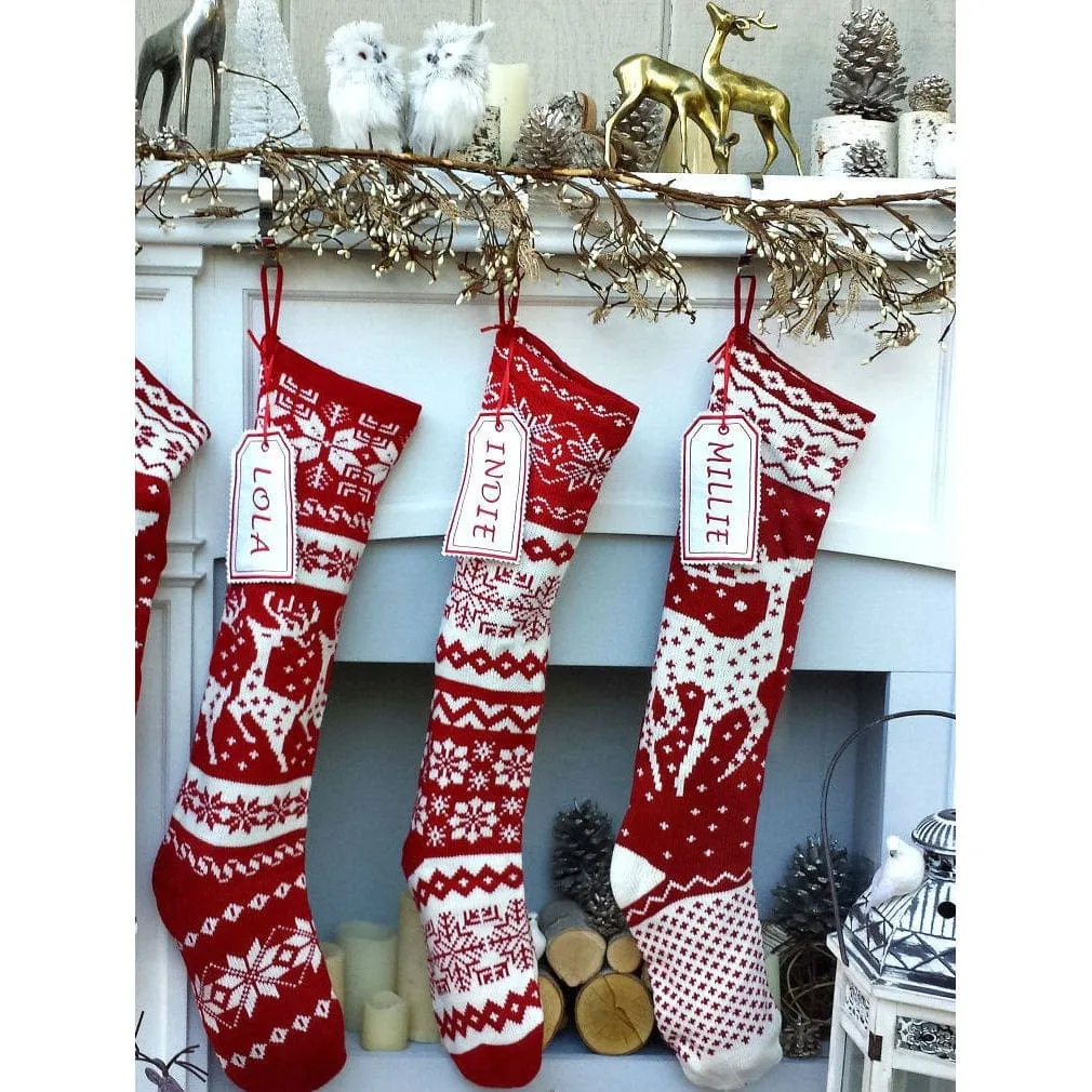 Knit Christmas Stockings - Red White - Reindeer or Snowflake Design Scandinavian Nordic Modern Holiday Theme Minimalist Look Custom  Long