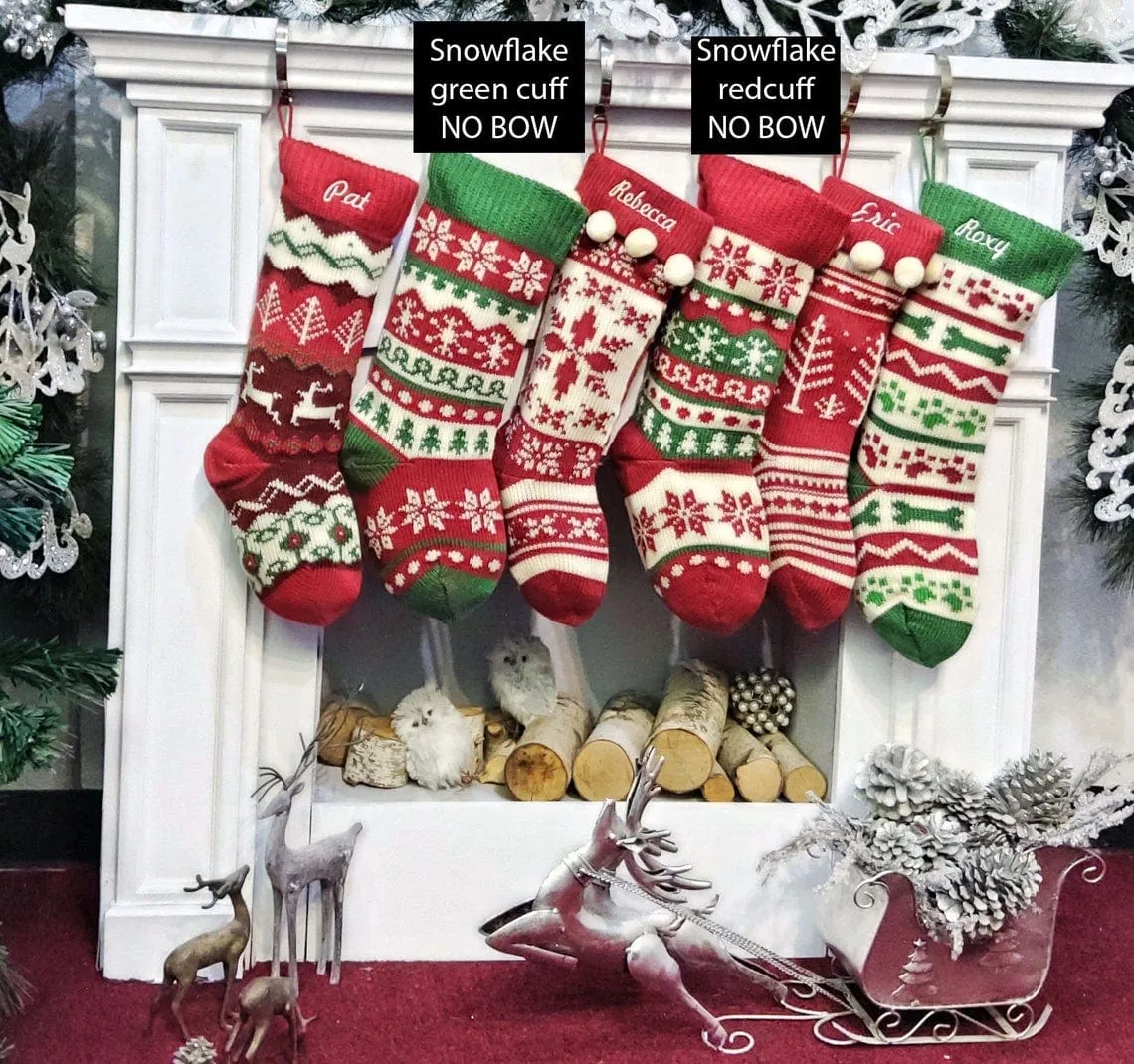 Knitted Christmas Stockings Red IVORY Green Fun Snowflake Family with Pets Cat Mouse Meow and Dog Bone Woof Knit Personalized Embroidered