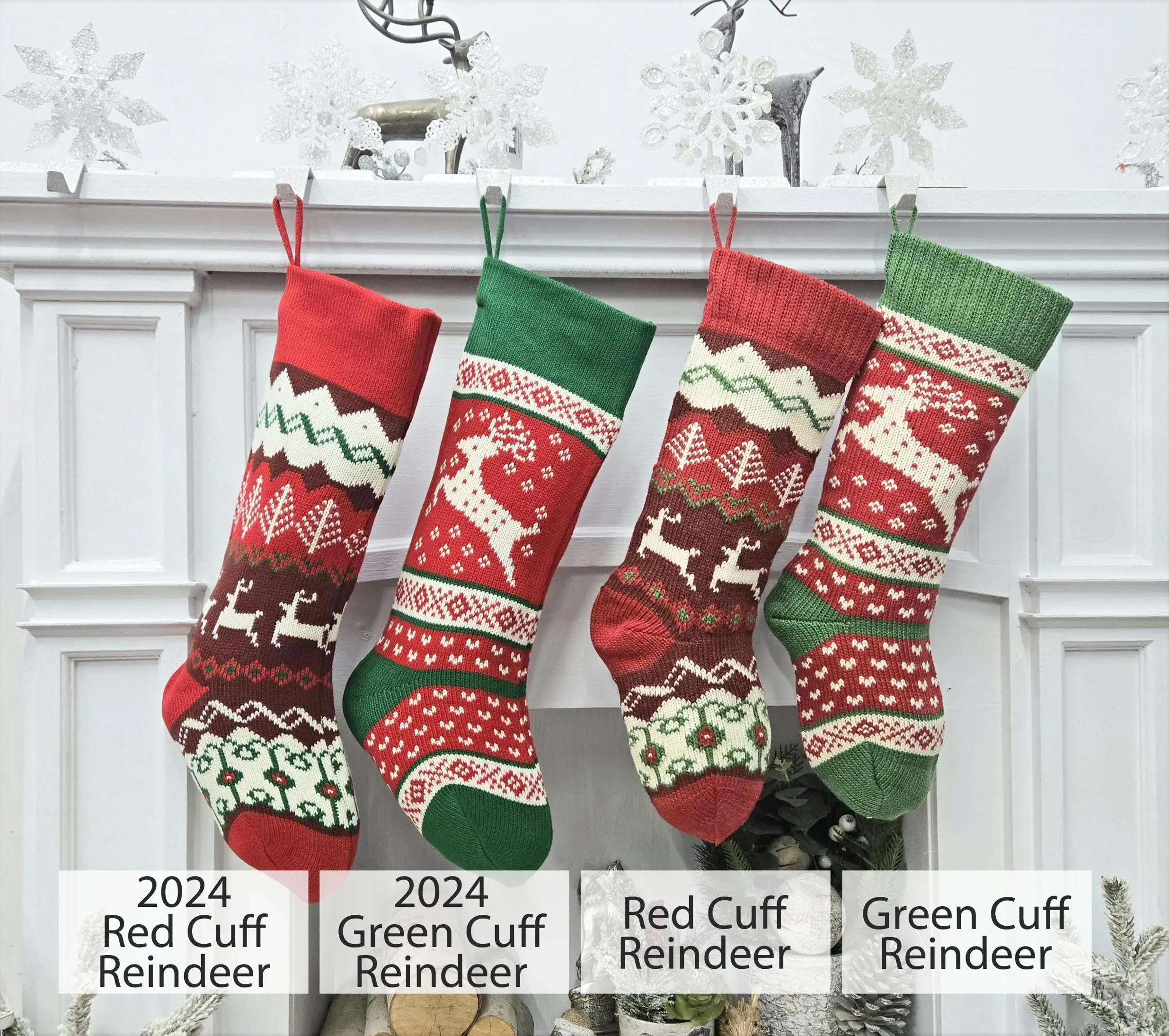 Knitted Christmas Stockings Red IVORY Green Fun Snowflake Family with Pets Cat Mouse Meow and Dog Bone Woof Knit Personalized Embroidered