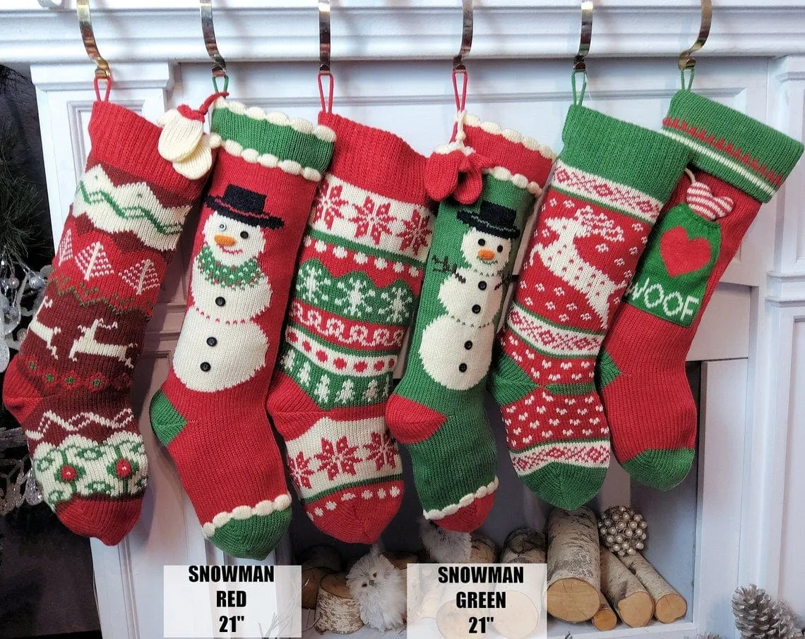 Knitted Christmas Stockings Red IVORY Green Fun Snowflake Family with Pets Cat Mouse Meow and Dog Bone Woof Knit Personalized Embroidered