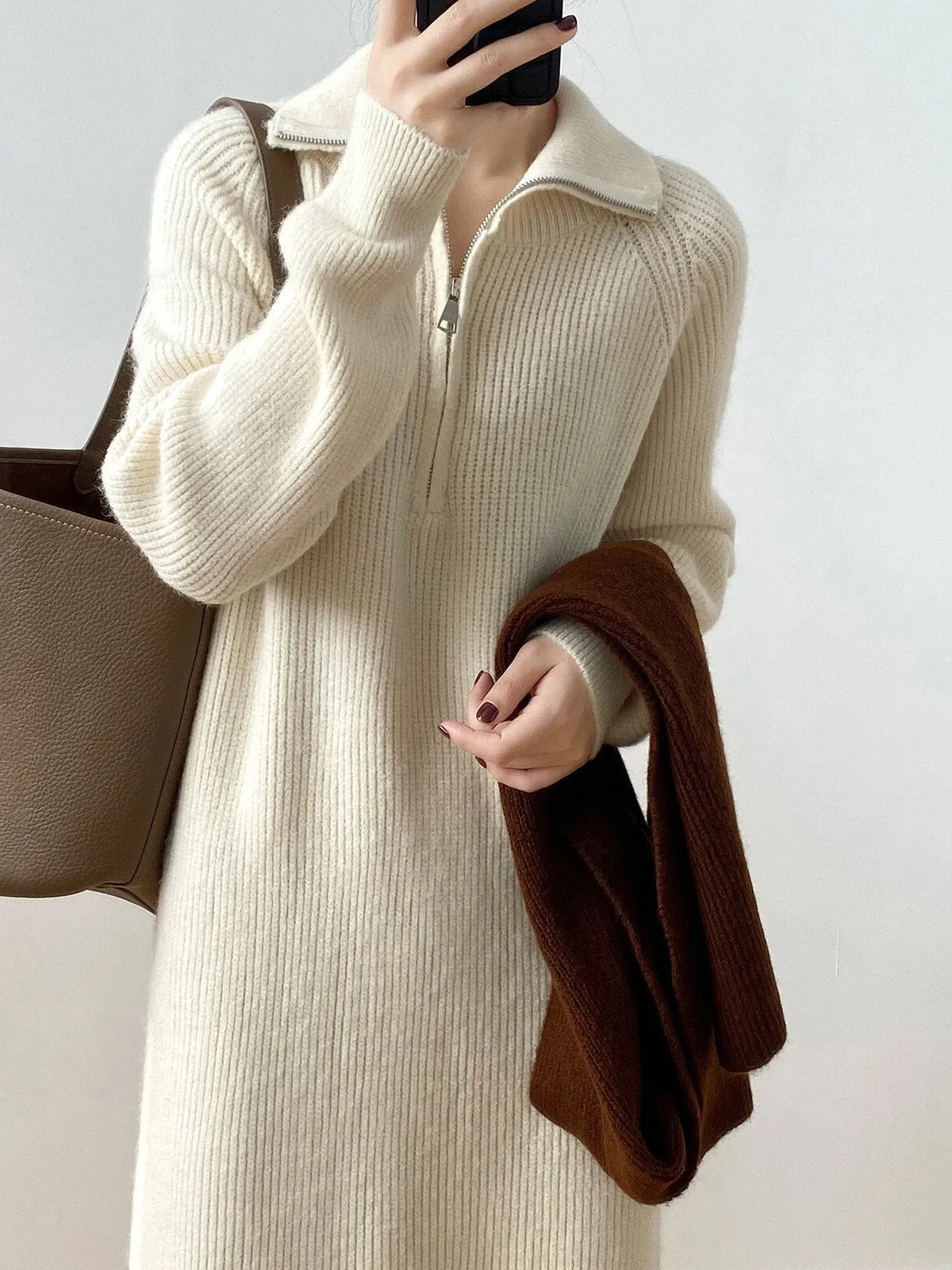 [Korean Style] 4 Color Zipper Collared Sweater Long Knit Dress