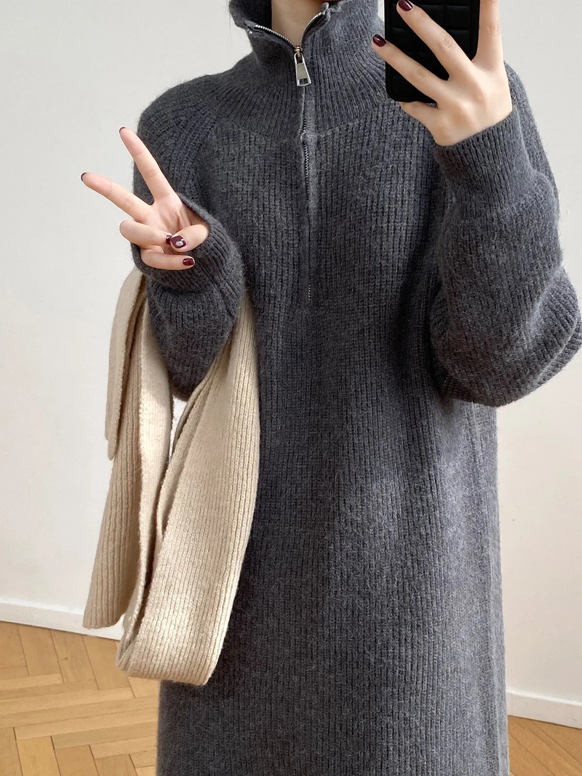 [Korean Style] 4 Color Zipper Collared Sweater Long Knit Dress