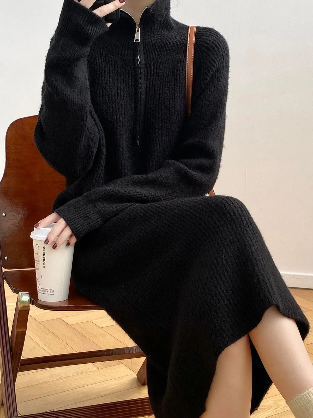 [Korean Style] 4 Color Zipper Collared Sweater Long Knit Dress