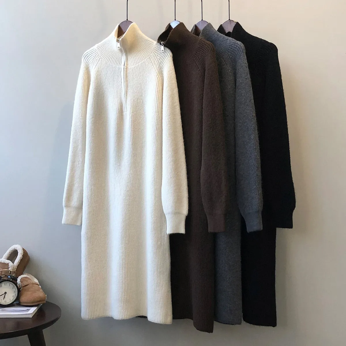 [Korean Style] 4 Color Zipper Collared Sweater Long Knit Dress