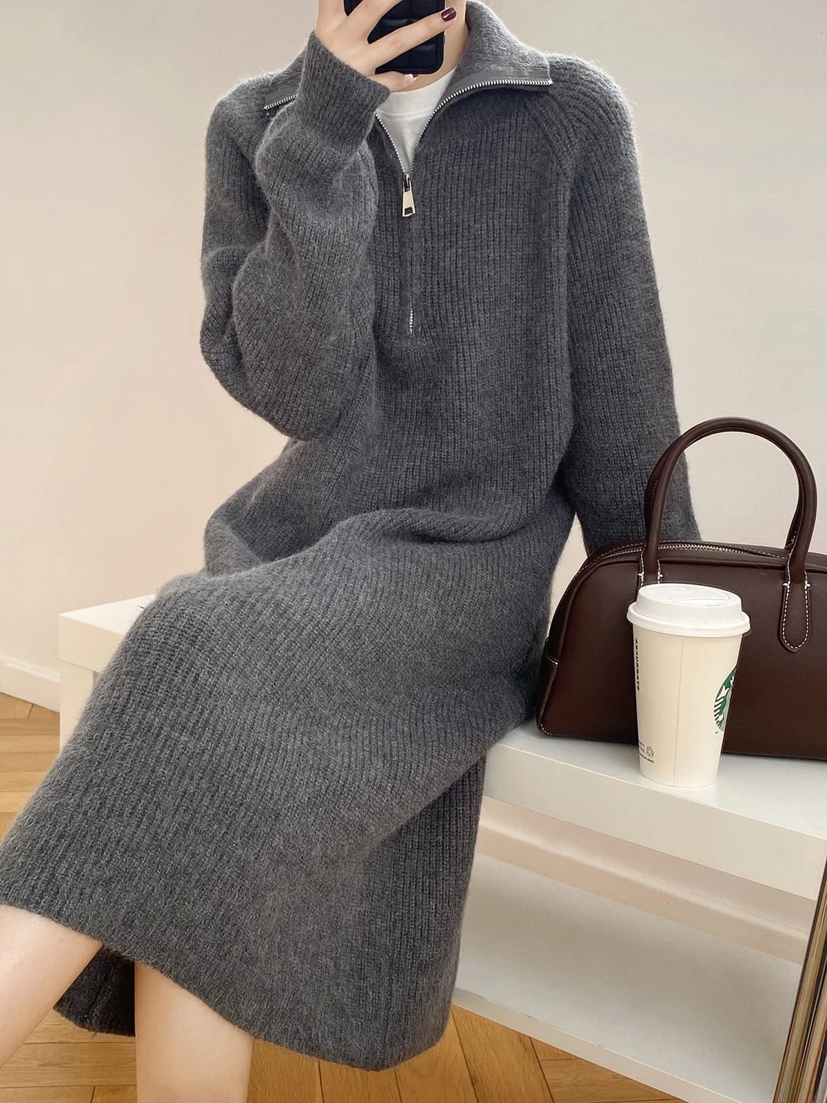 [Korean Style] 4 Color Zipper Collared Sweater Long Knit Dress