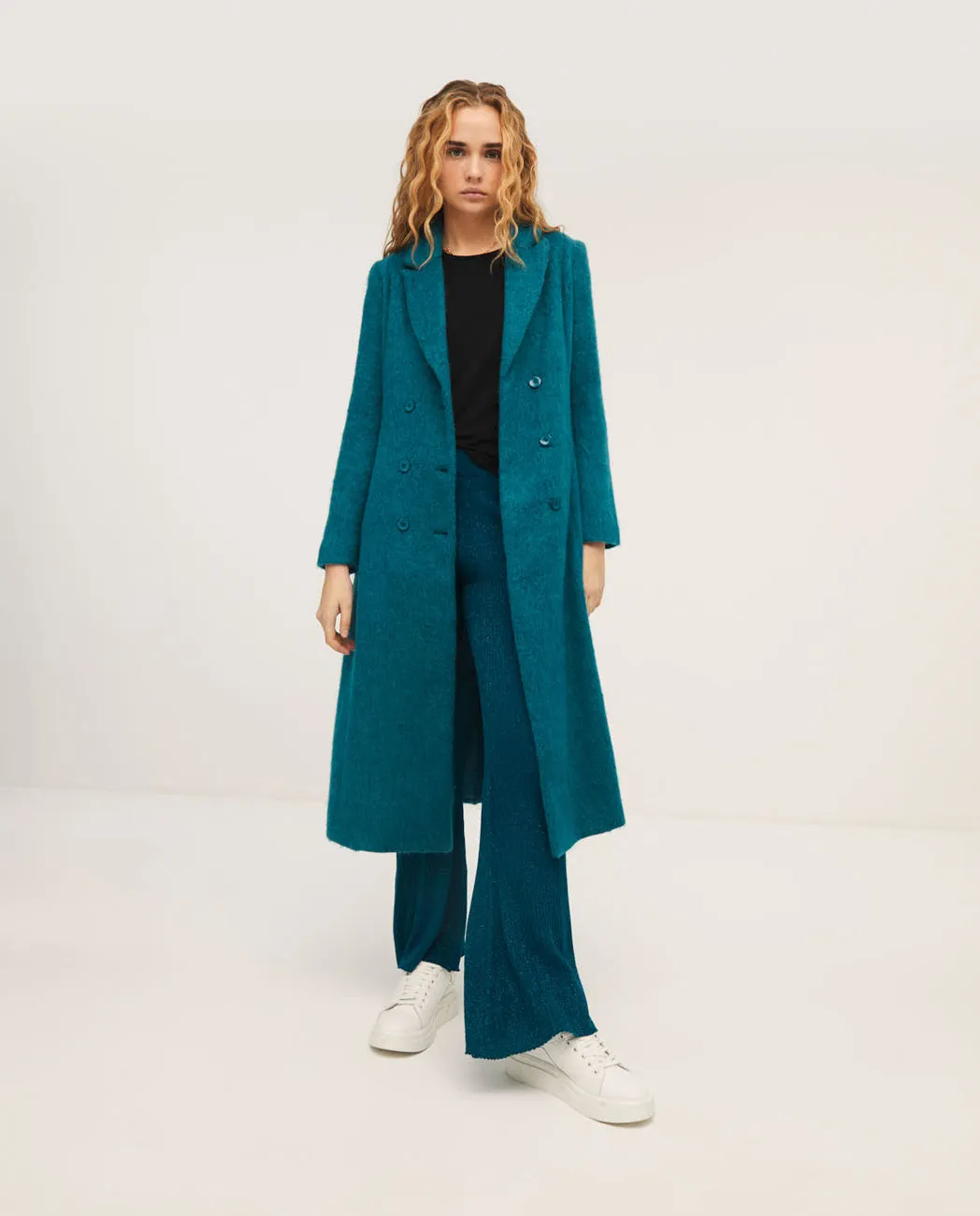 Lange rechte jas | Surkana fitted coat with laper collar petrol blue