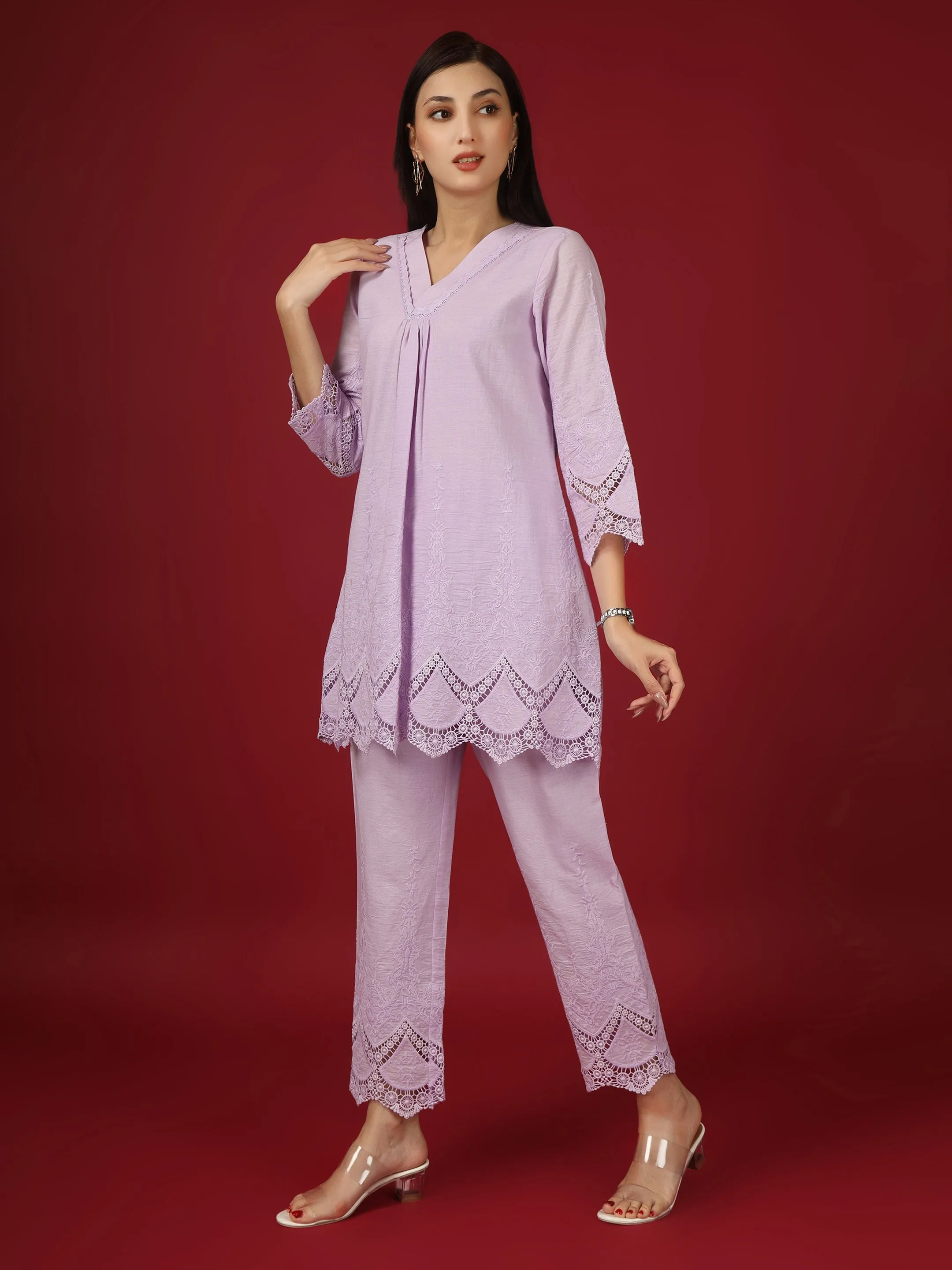 Lavender Embroidered Cotton Kurta with Pants- Set of 2