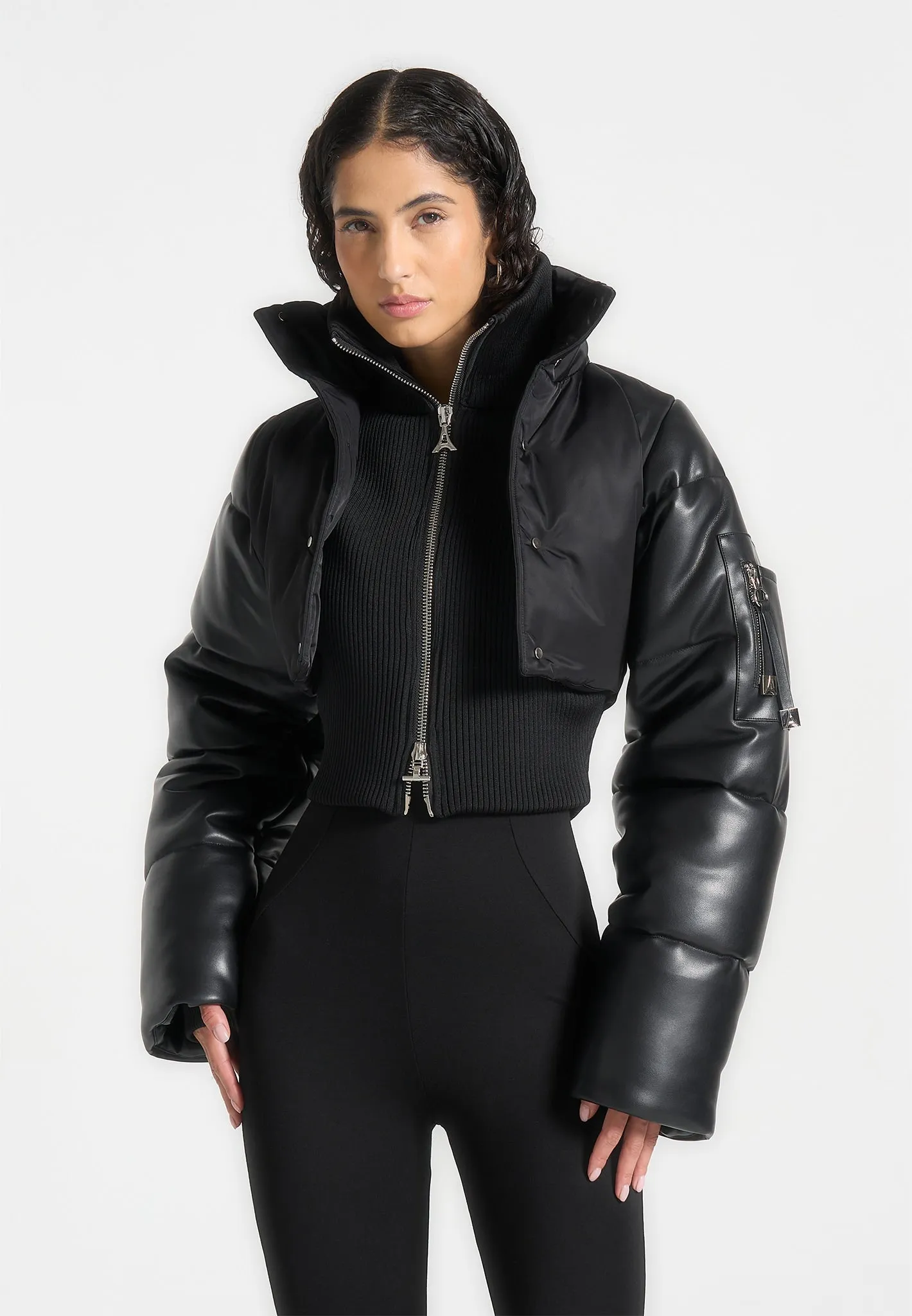 Leather and Nylon Layered Puffer Jacket - Black