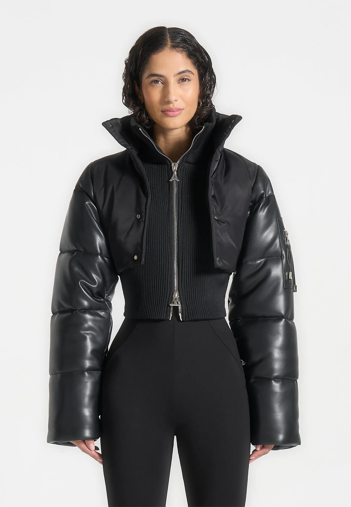 Leather and Nylon Layered Puffer Jacket - Black