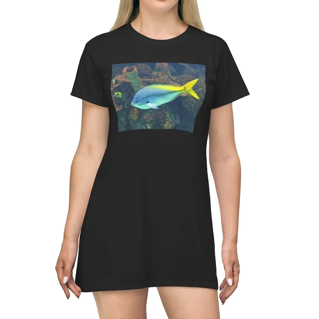 Light Blue and Yellow Fish All Over Print T-Shirt Dress