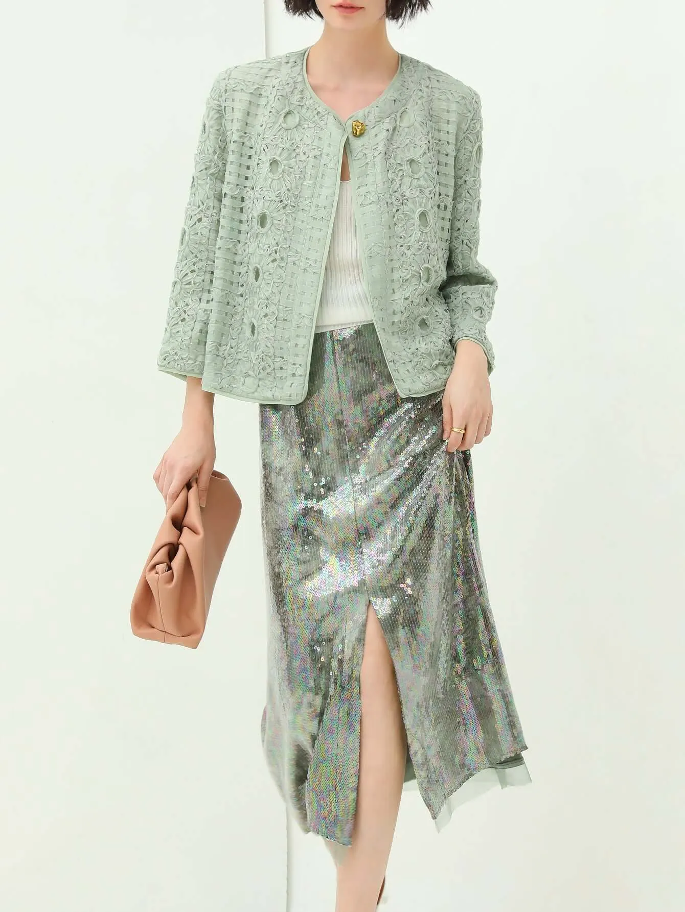 Light Mint Green Tie Dye Sequined Midi Skirt