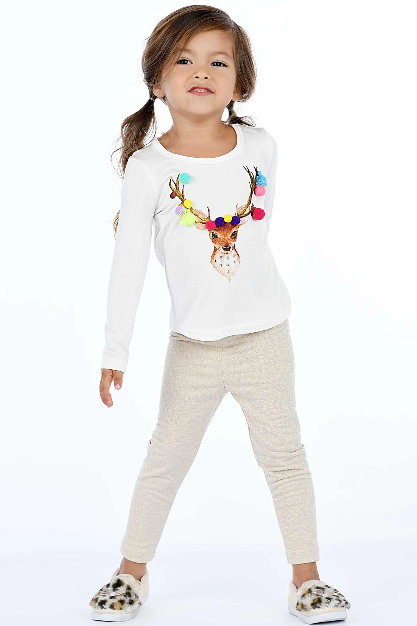 Little Girls Reindeer Long Sleeve Graphic Top