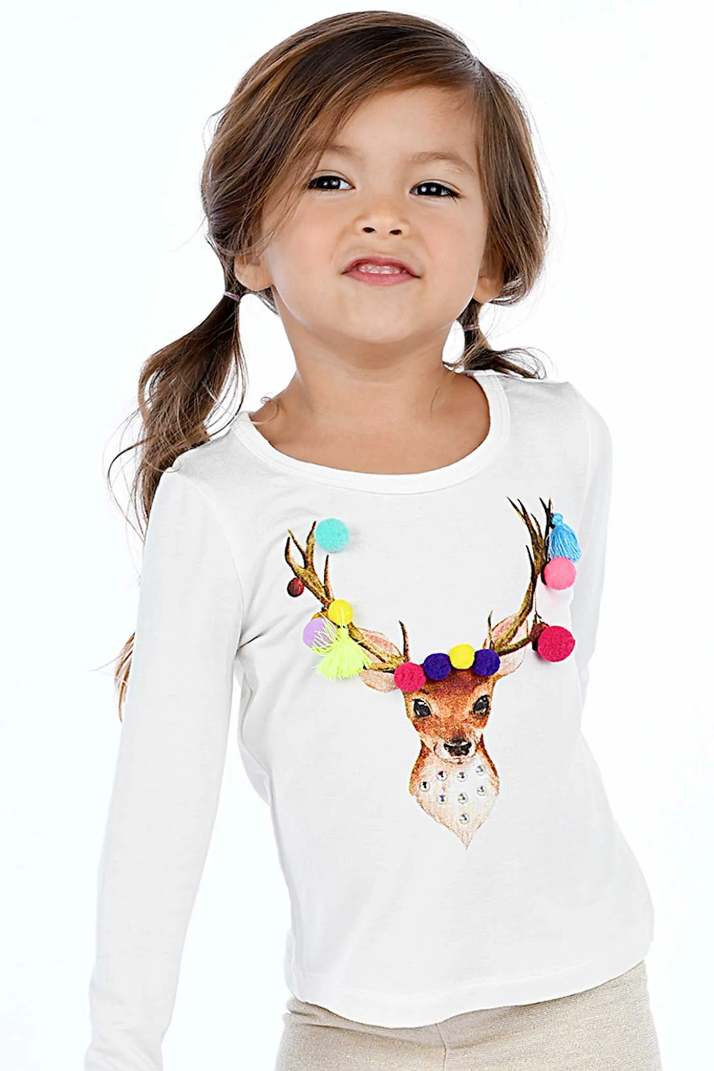 Little Girls Reindeer Long Sleeve Graphic Top