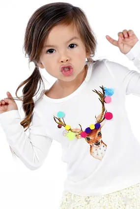 Little Girls Reindeer Long Sleeve Graphic Top