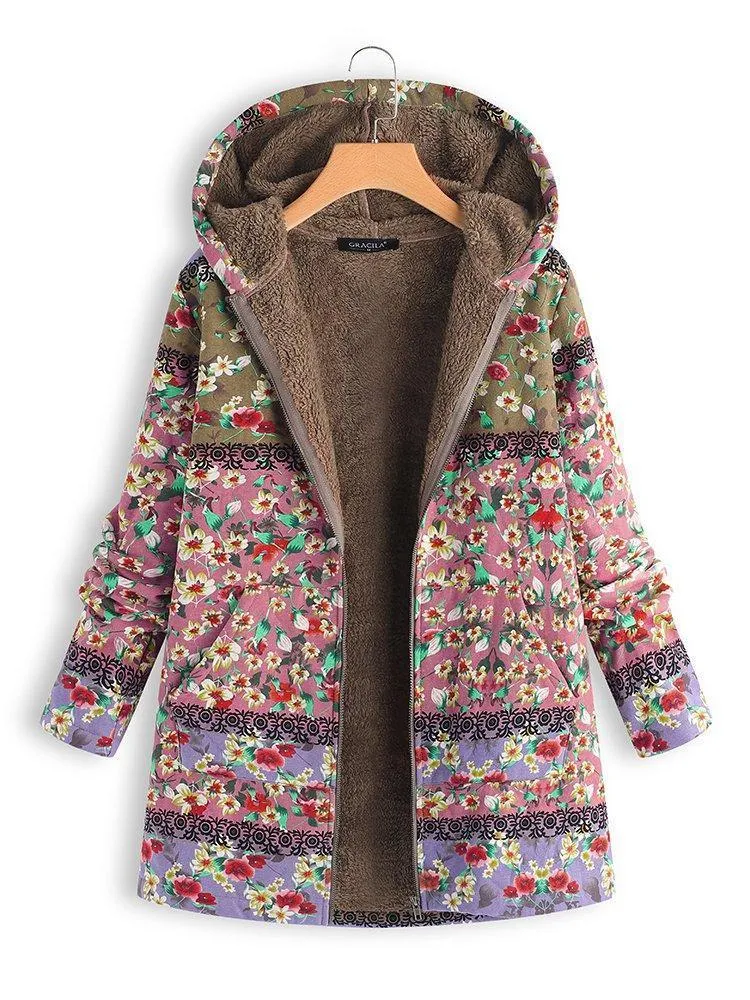 Long Sleeve Casual Hoodie Winter Teddy Bear Printed Warm Plus Size Coat