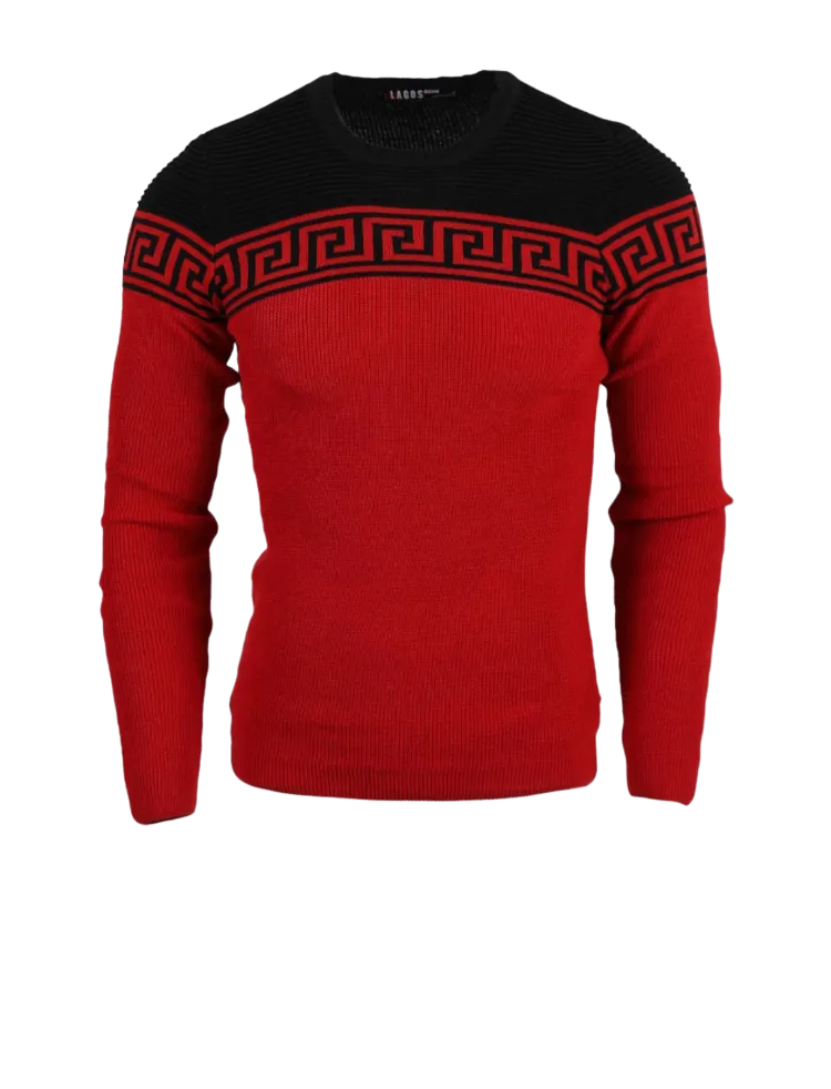 Lrlagos Red and Black Men's Crewneck Sweaters Greek Key style Light Blend Slim Fit