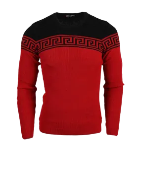 Lrlagos Red and Black Men's Crewneck Sweaters Greek Key style Light Blend Slim Fit