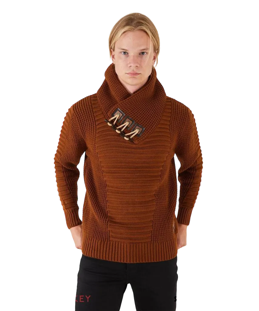 Lrlagos Red Brown Men's Sweaters Slim-Fit 3 Buttons Collar