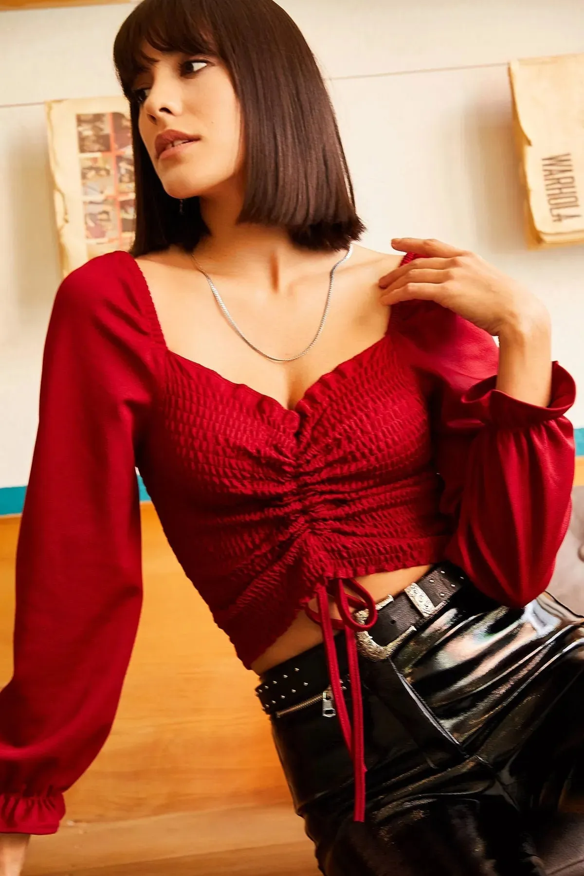 Maroon Front Shirred With Rope Knitted Woman Blouse,Blouse Vintage, Balloon Sleeve Blouse,Gift For Her, Drawstring Collar Blouse,Boho Blouse