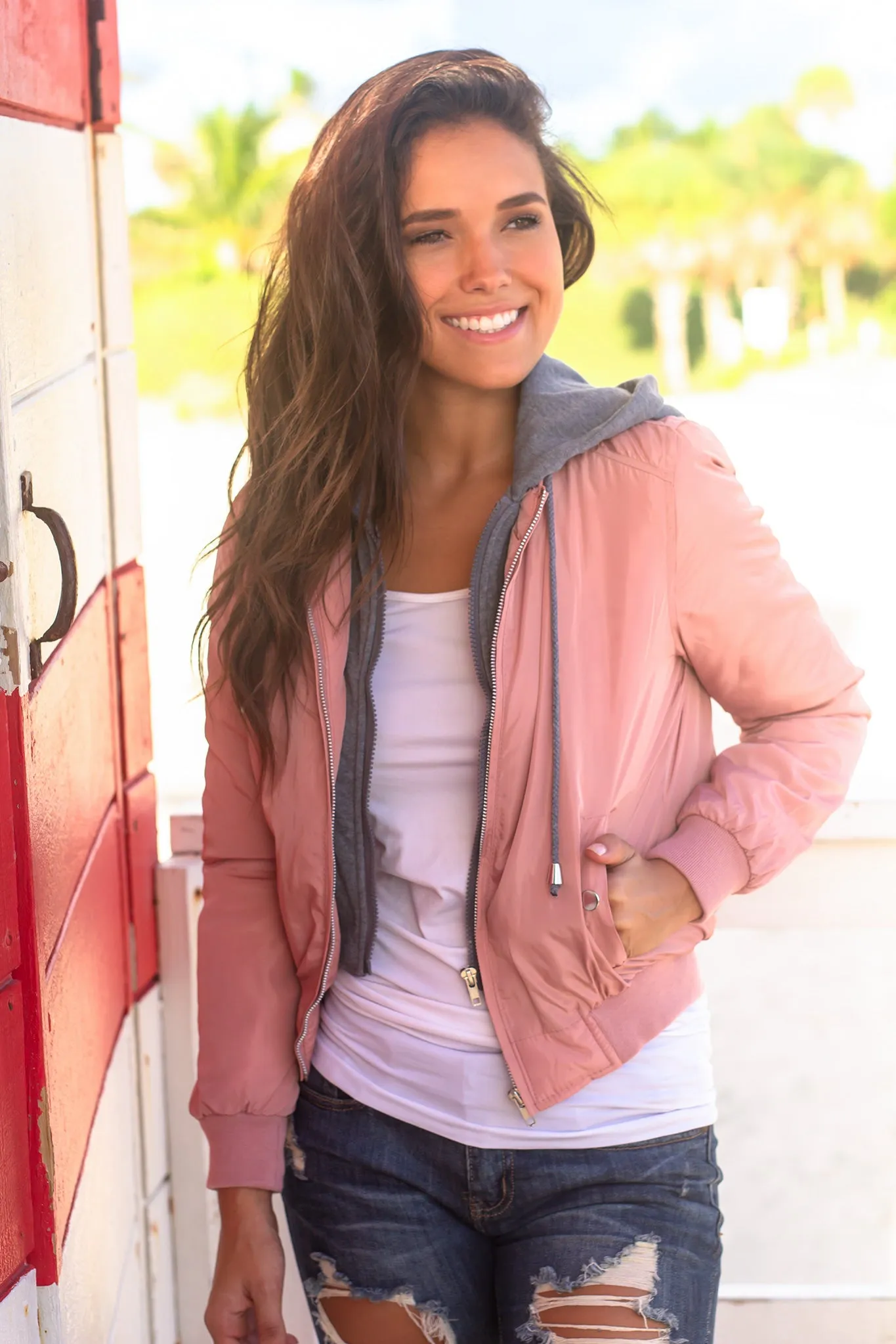 Mauve Bomber Jacket with Gray Hood