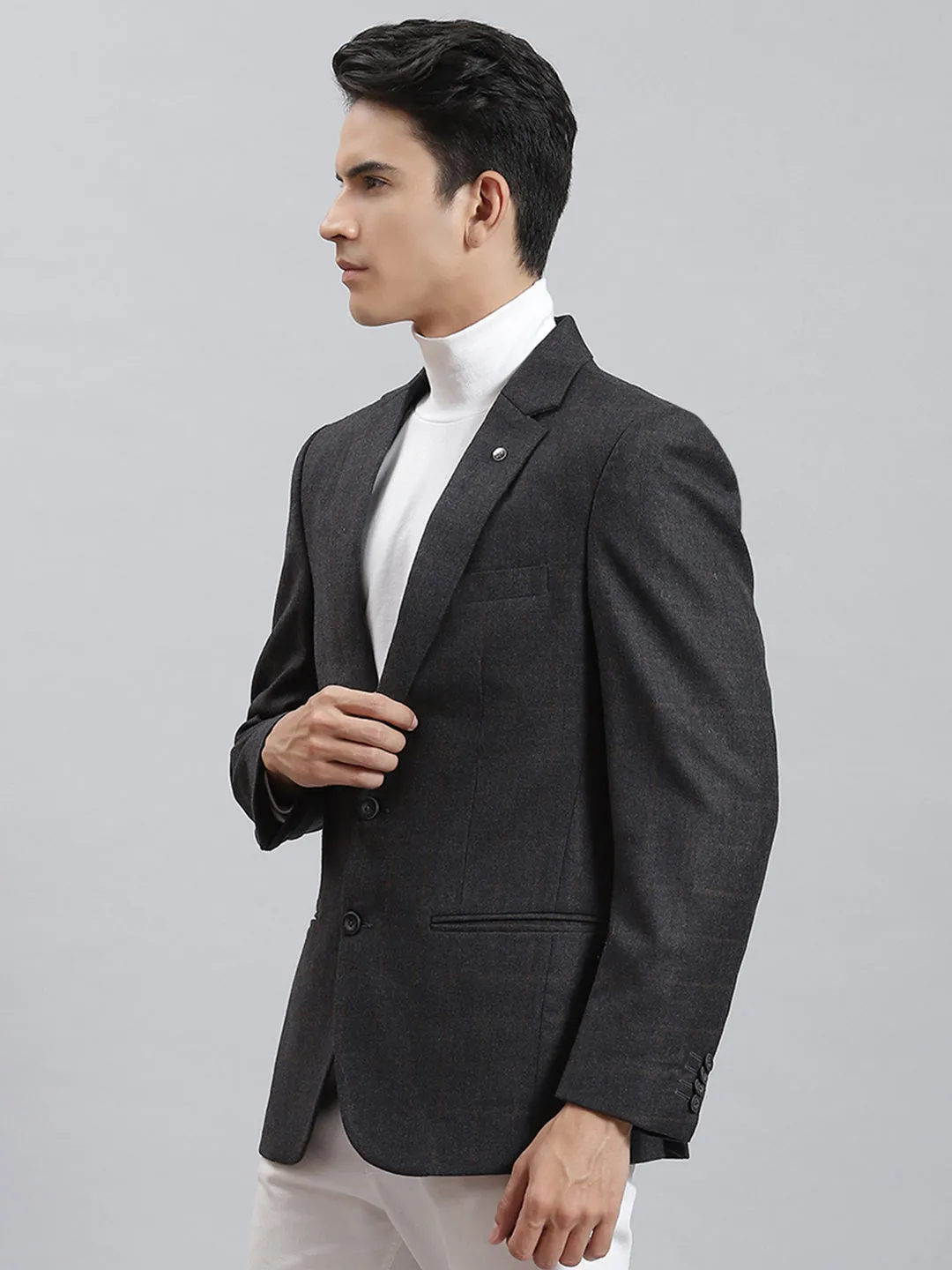 Men Grey Check Lapel Collar Full Sleeve Coat