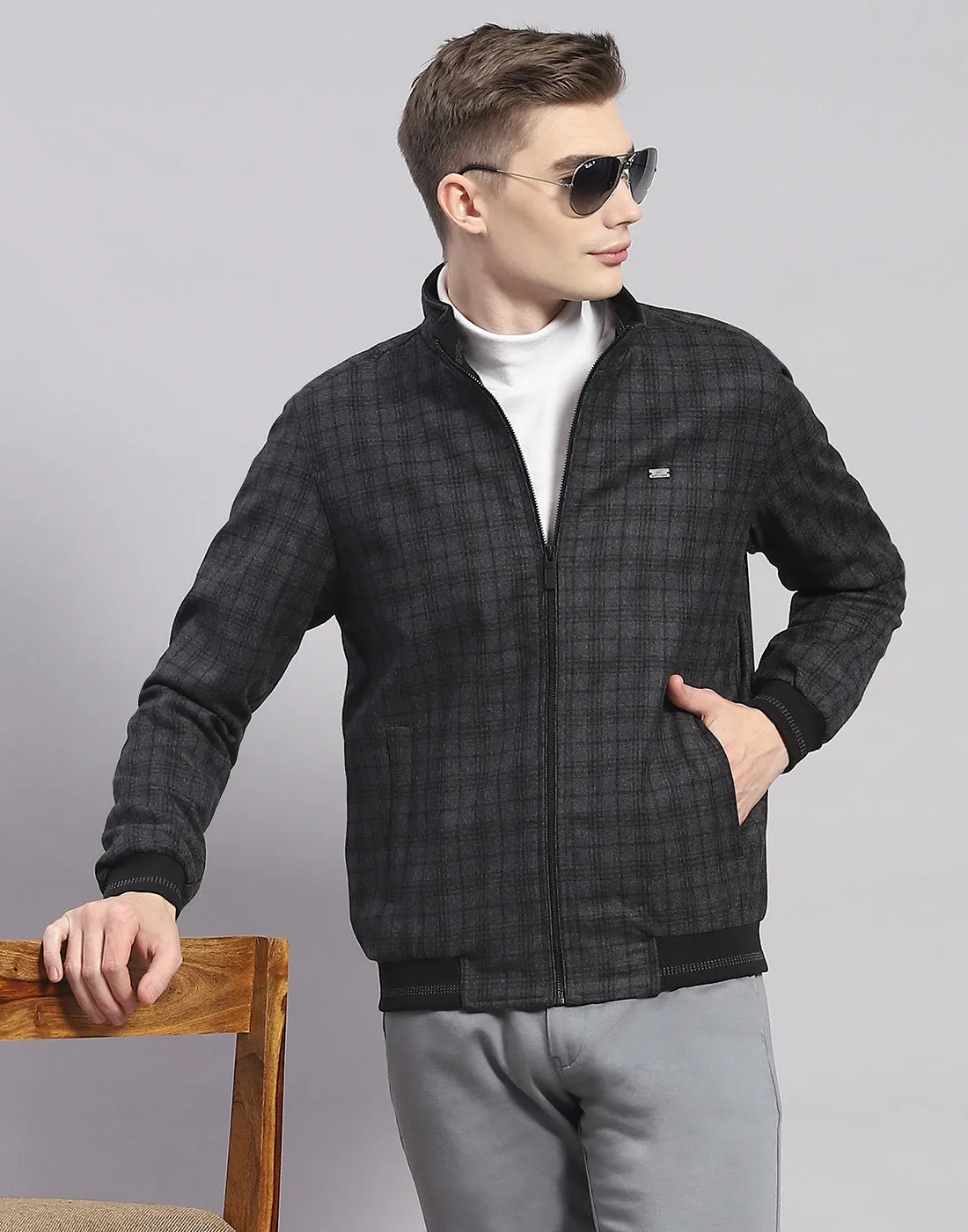 Men Grey Check Mandarin Collar Full Sleeve Jacket