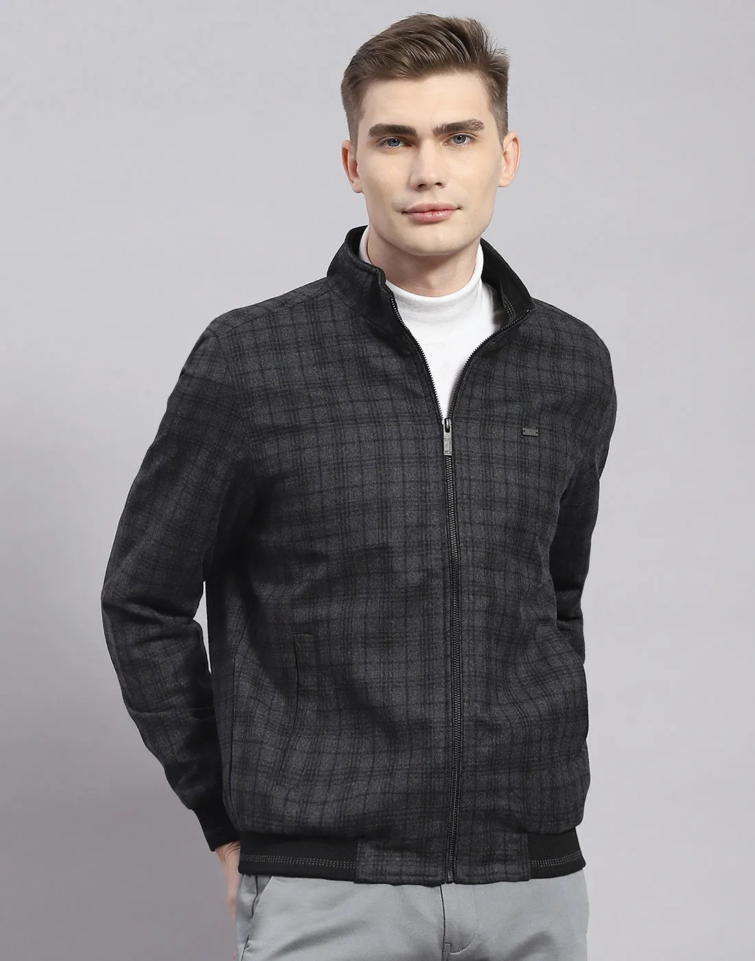 Men Grey Check Mandarin Collar Full Sleeve Jacket