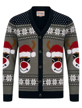 Men's Deer Festive Pattern Novelty Knitted Christmas Cardigan in Ink - Merry Christmas