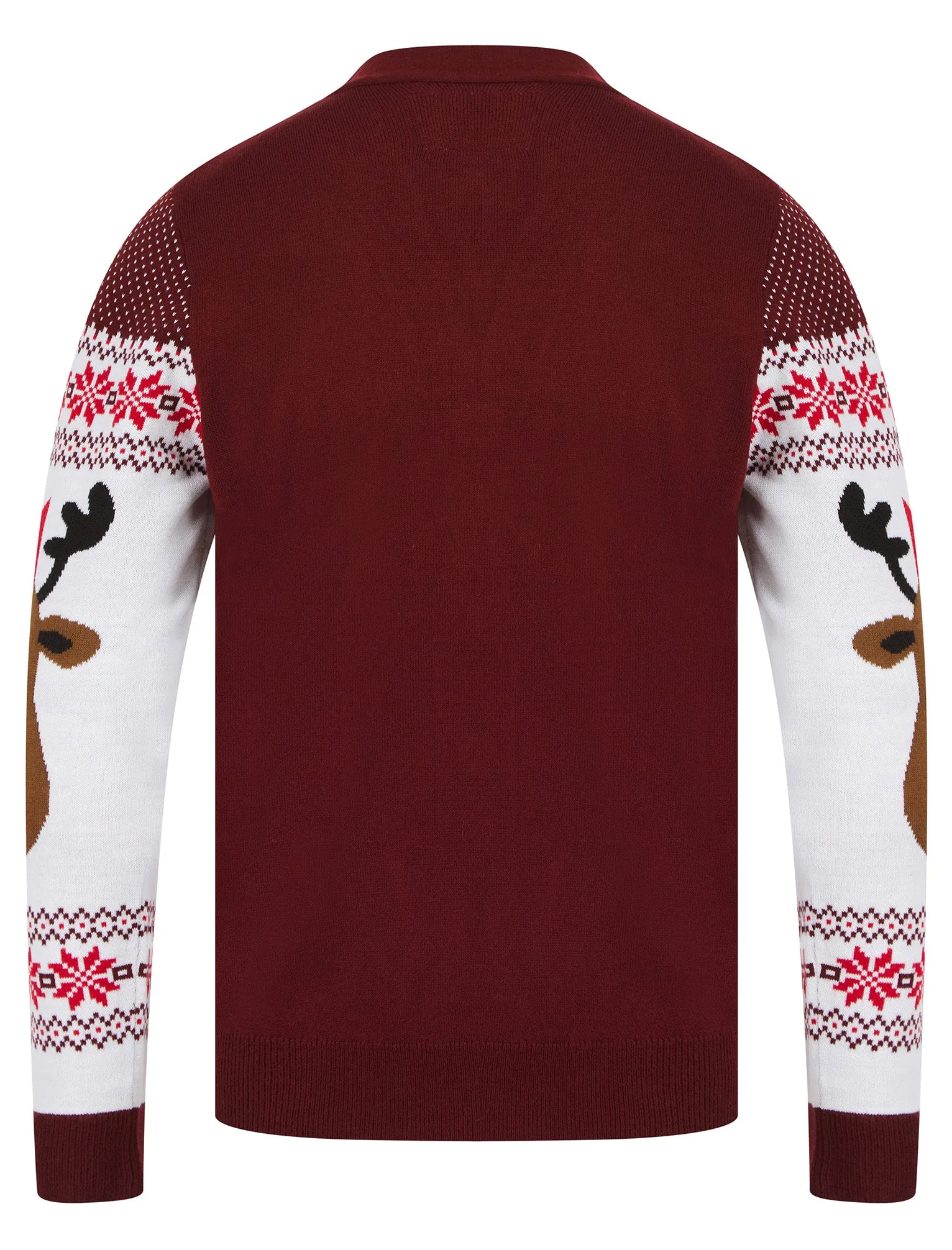 Men's Rudolphs Cardi Wallpaper Print Novelty Knitted Christmas Cardigan in Claret - Merry Christmas