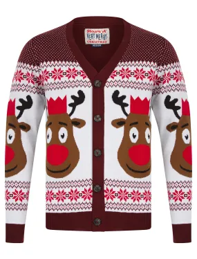 Men's Rudolphs Cardi Wallpaper Print Novelty Knitted Christmas Cardigan in Claret - Merry Christmas