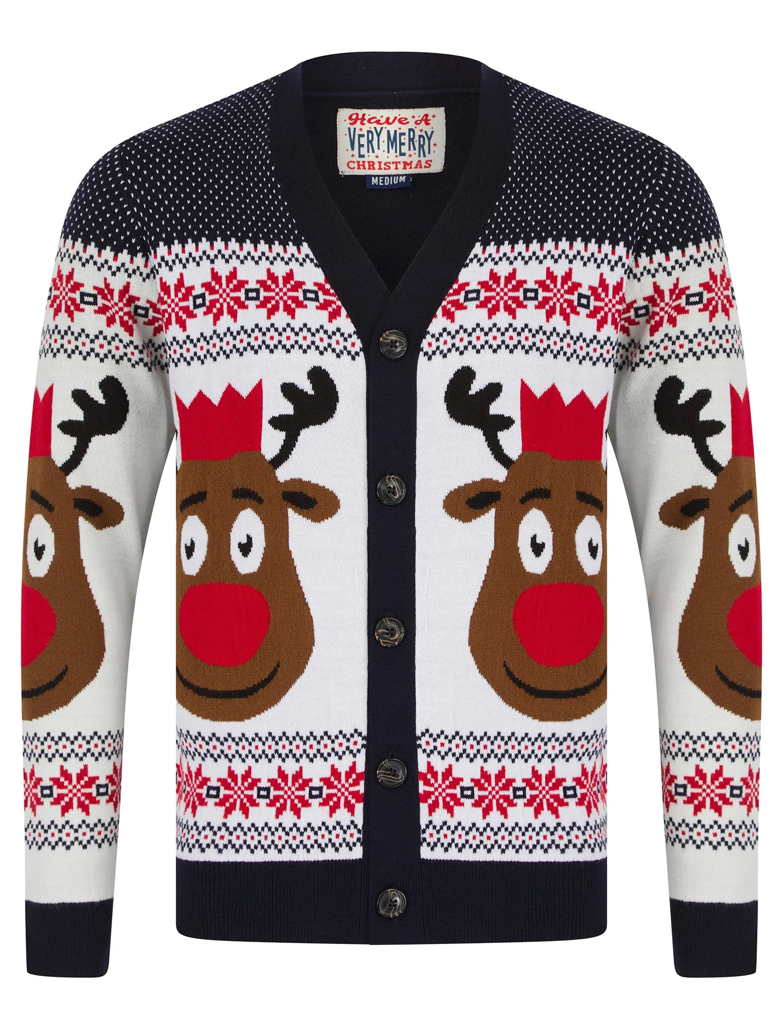 Men's Rudolphs Cardi Wallpaper Print Novelty Knitted Christmas Cardigan in Ink - Merry Christmas