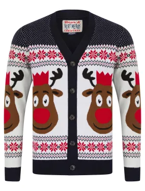 Men's Rudolphs Cardi Wallpaper Print Novelty Knitted Christmas Cardigan in Ink - Merry Christmas