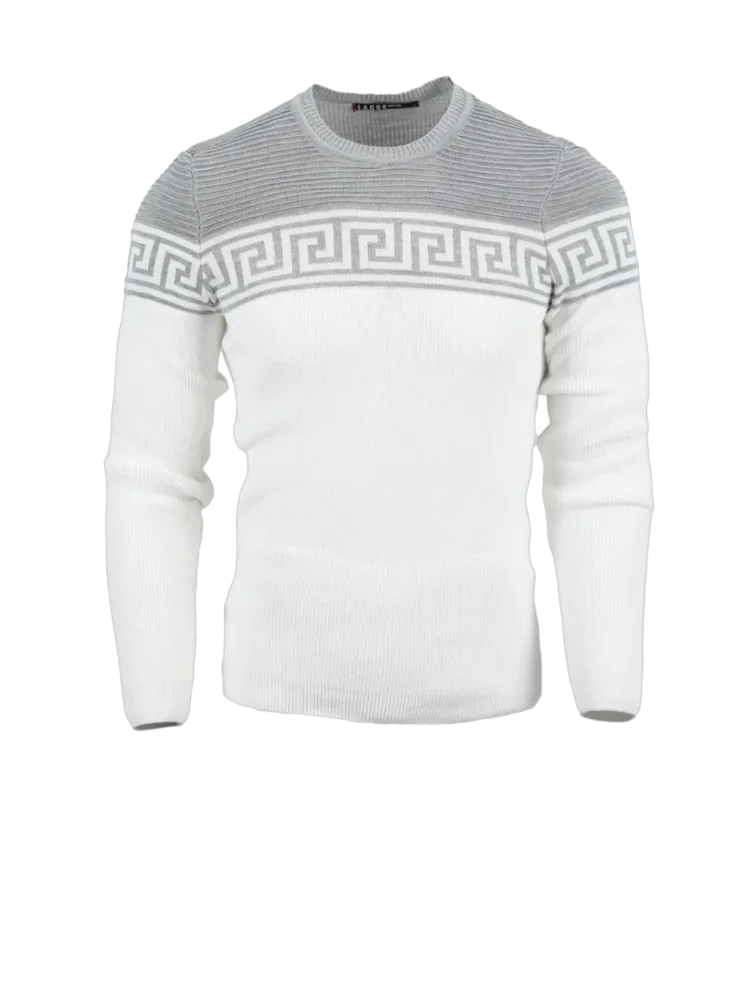 Men's White and Gray Crewneck Sweaters Greek Key style Light Blend Slim Fit