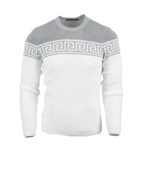 Men's White and Gray Crewneck Sweaters Greek Key style Light Blend Slim Fit