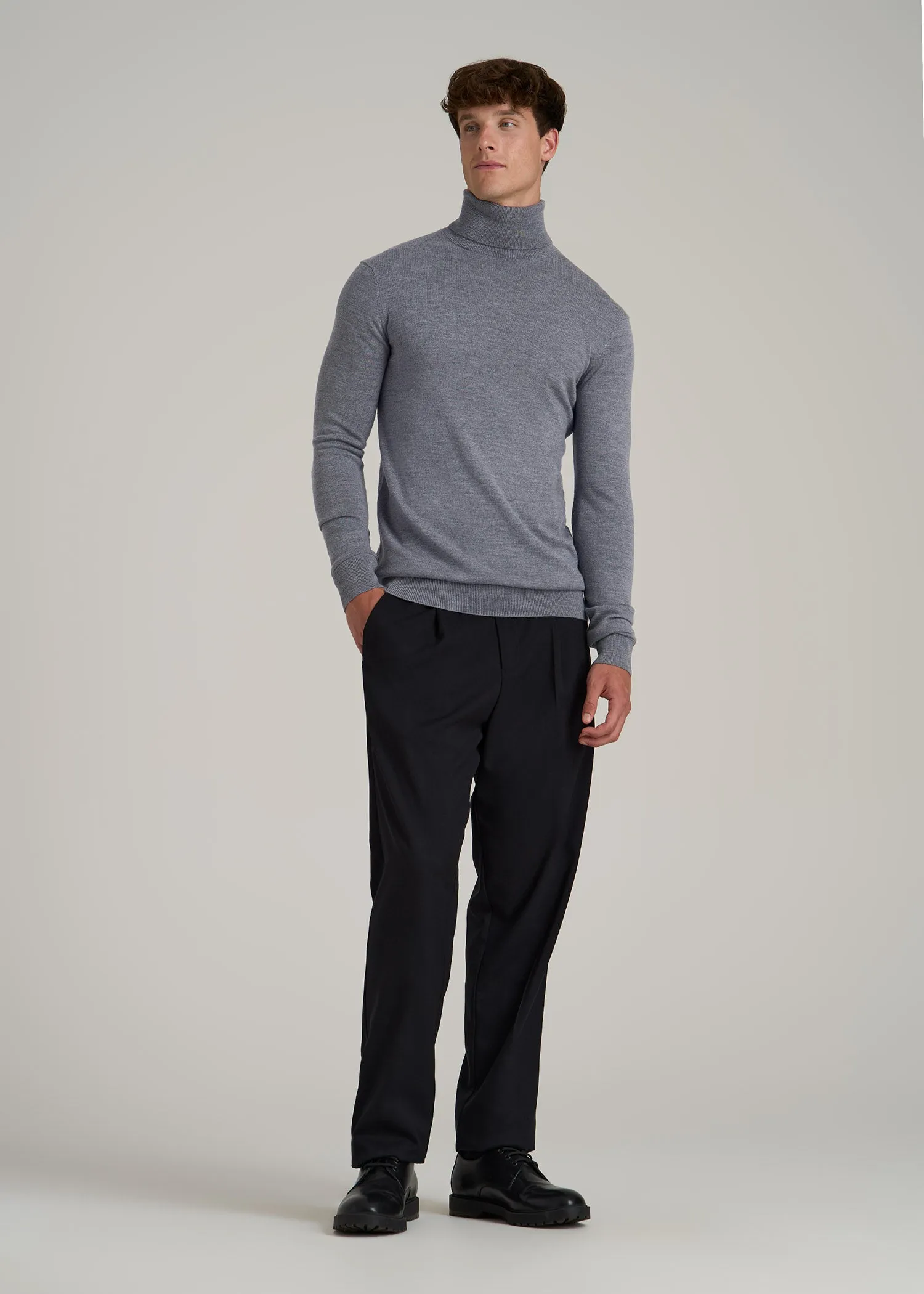 Merino Wool Turtleneck Sweater for Tall Men in Grey Mix