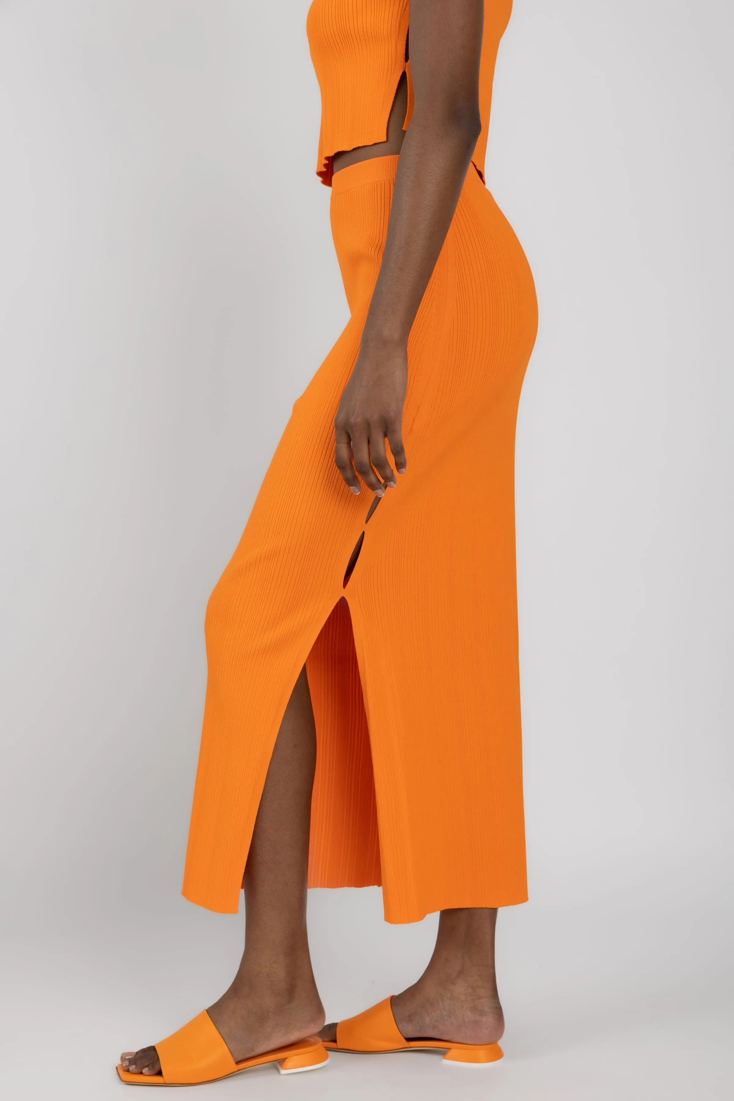 Mixed Rib Cut Out Skirt in Bright Tangerine